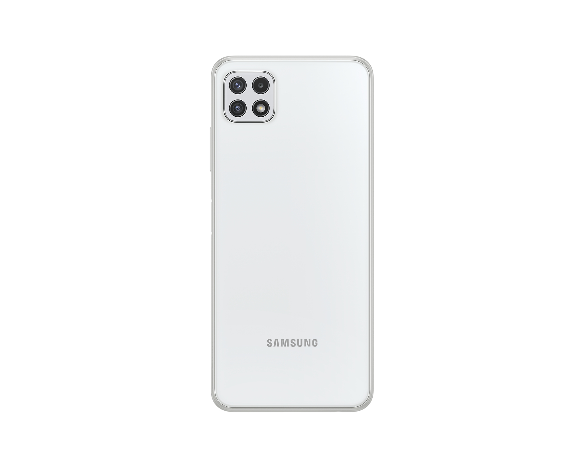 Rückseite eines weißen Samsung-Telefons. Vier Kameralinsen oben links. Samsung-Logo unten.