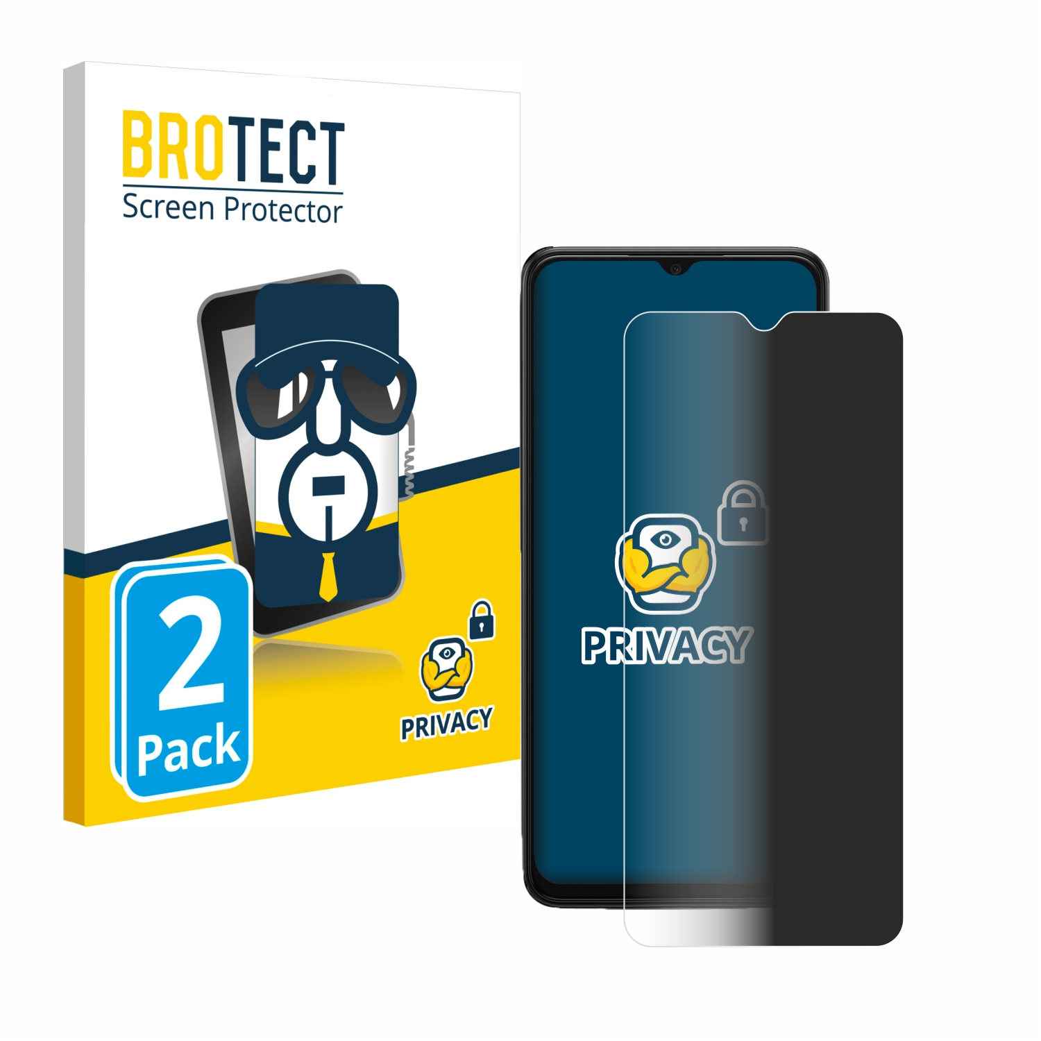 Sichtschutzfolie für ein Smartphone und eine Box. Die Box hat das Brotect-Label. Der Schutz ist dunkel.