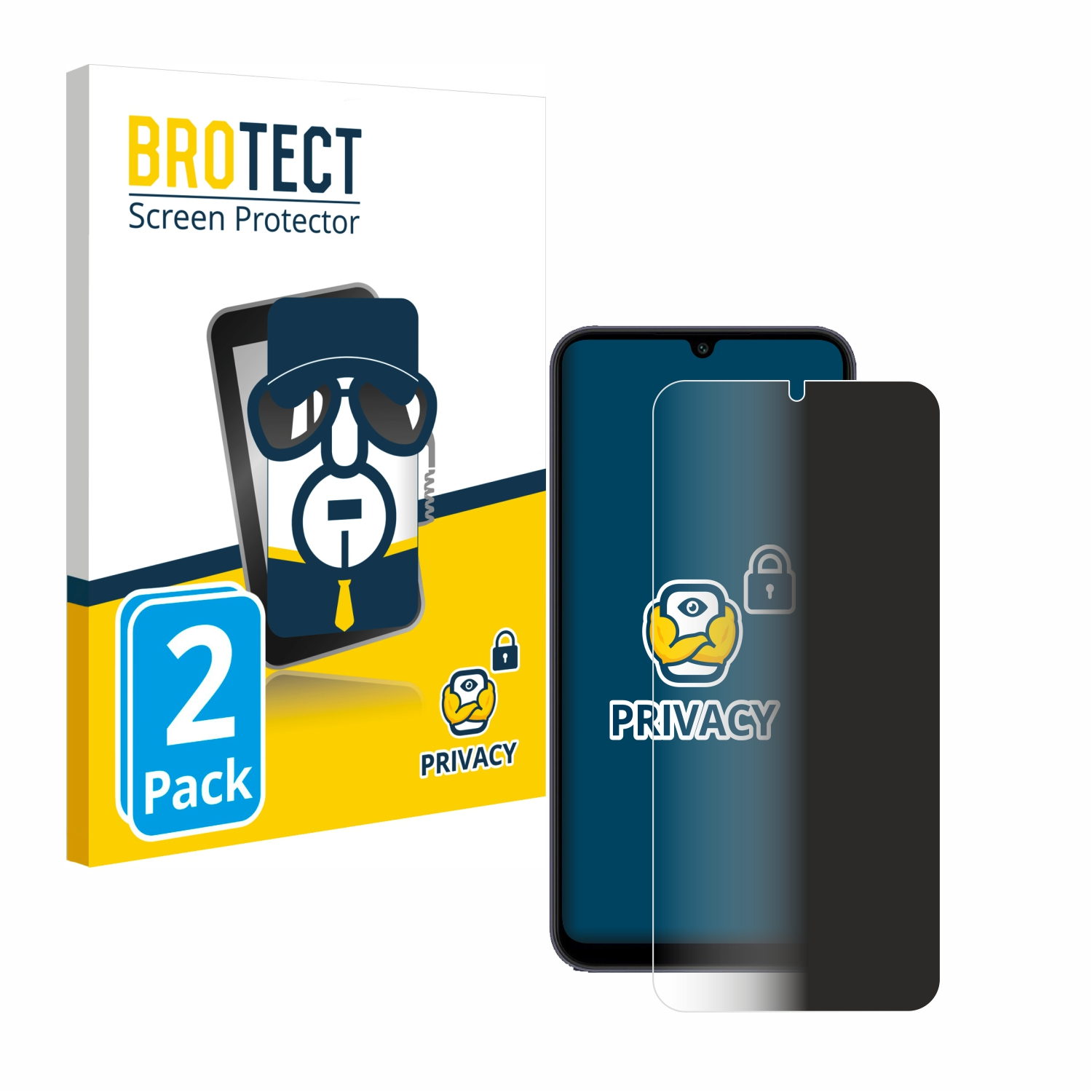 Eine Displayschutzfolienverpackung und ein Telefon mit angebrachtem Blickschutz.