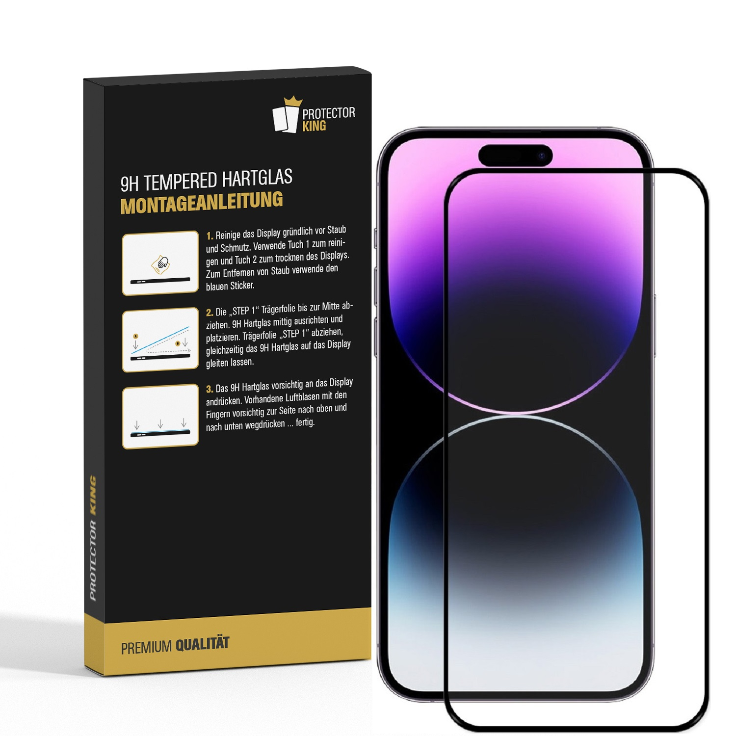 Bildschirmschutzverpackung mit einem Telefon und einem Bildschirmschutz daneben.