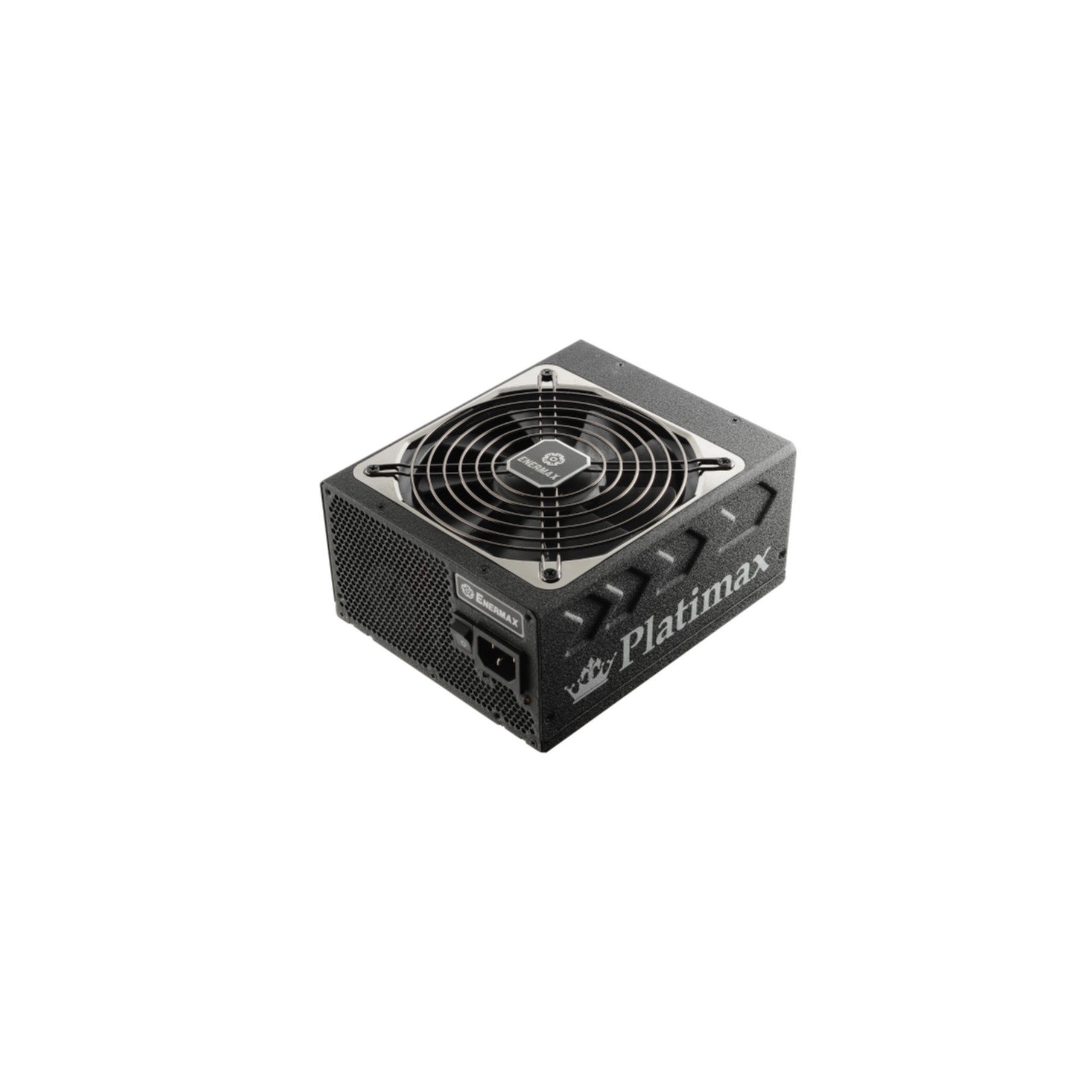 Alimentatore per computer nero. Presenta una ventola, il logo Platimax e varie porte.