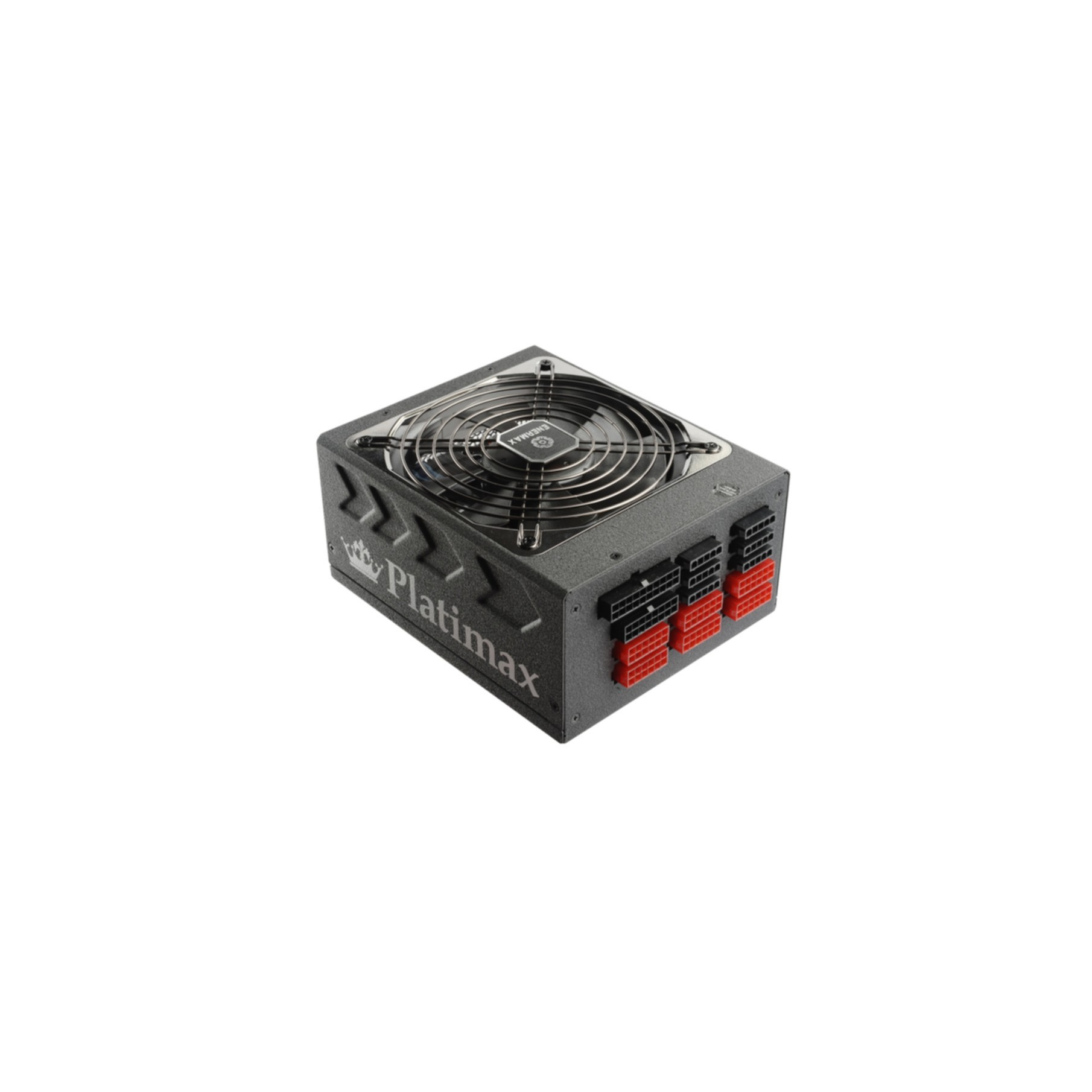 Un alimentatore per computer nero con ventola e connettori multipli.