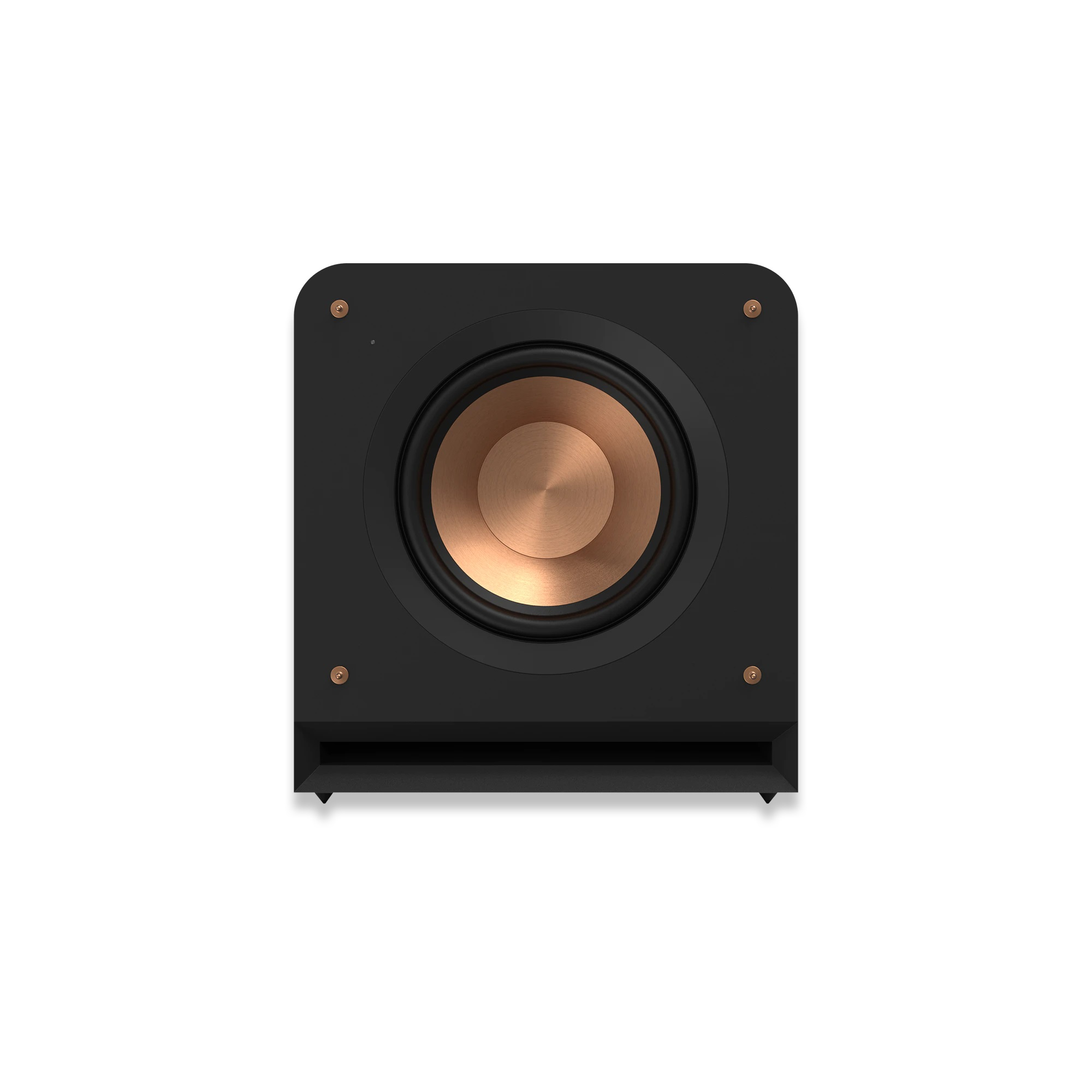 Schwarzer Subwoofer mit kupferfarbenem Lautsprecher in der Mitte. Vier Schrauben an den Ecken.