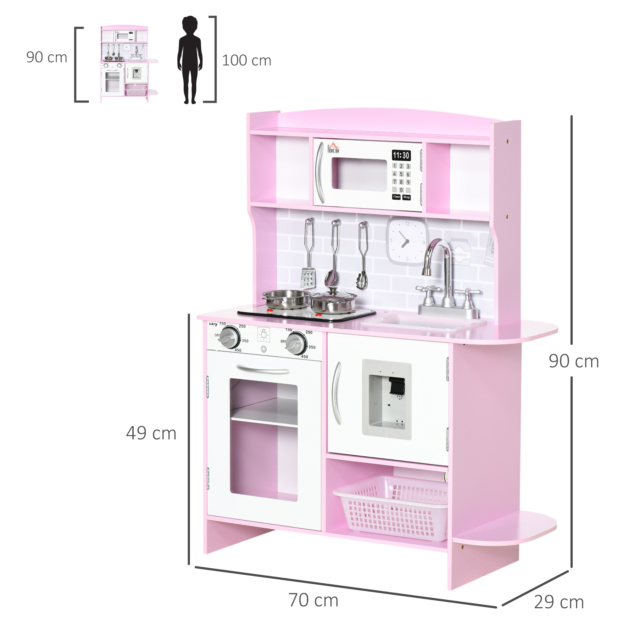 Cocina de juguete de madera en rosa y blanco, con dimensiones. Incluye estufa, fregadero y microondas.