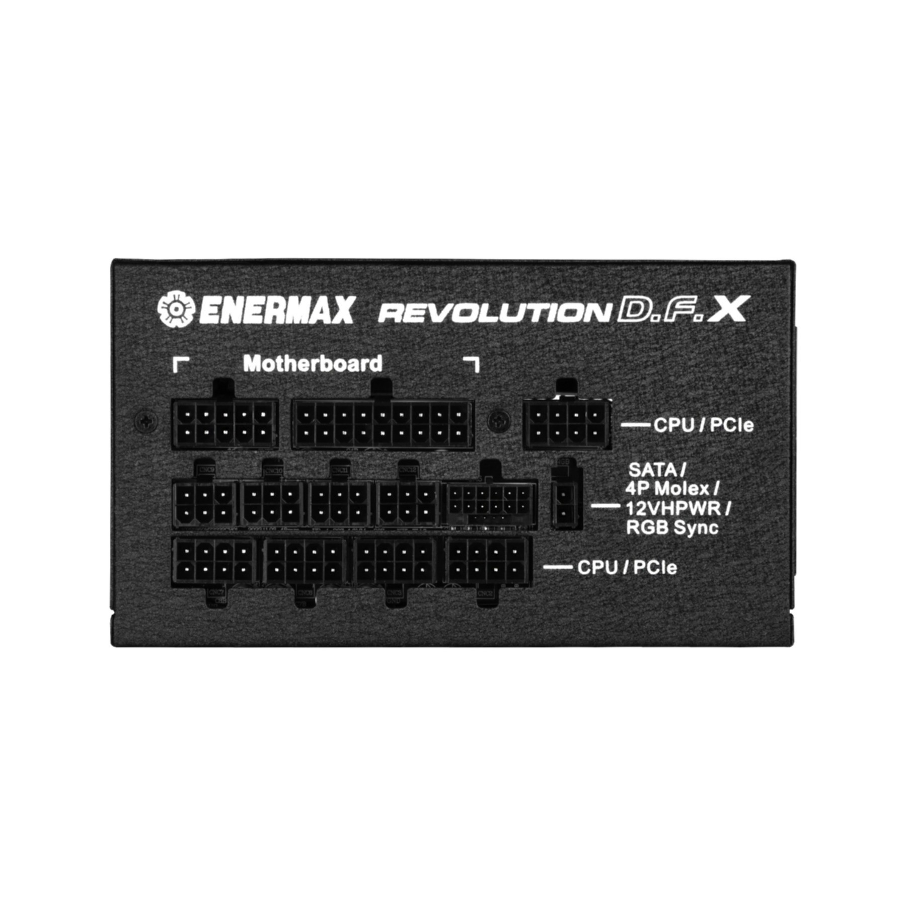 Alimentatore PC nero con più porte, etichettato "ENERMAX REVOLUTION D.F.X".