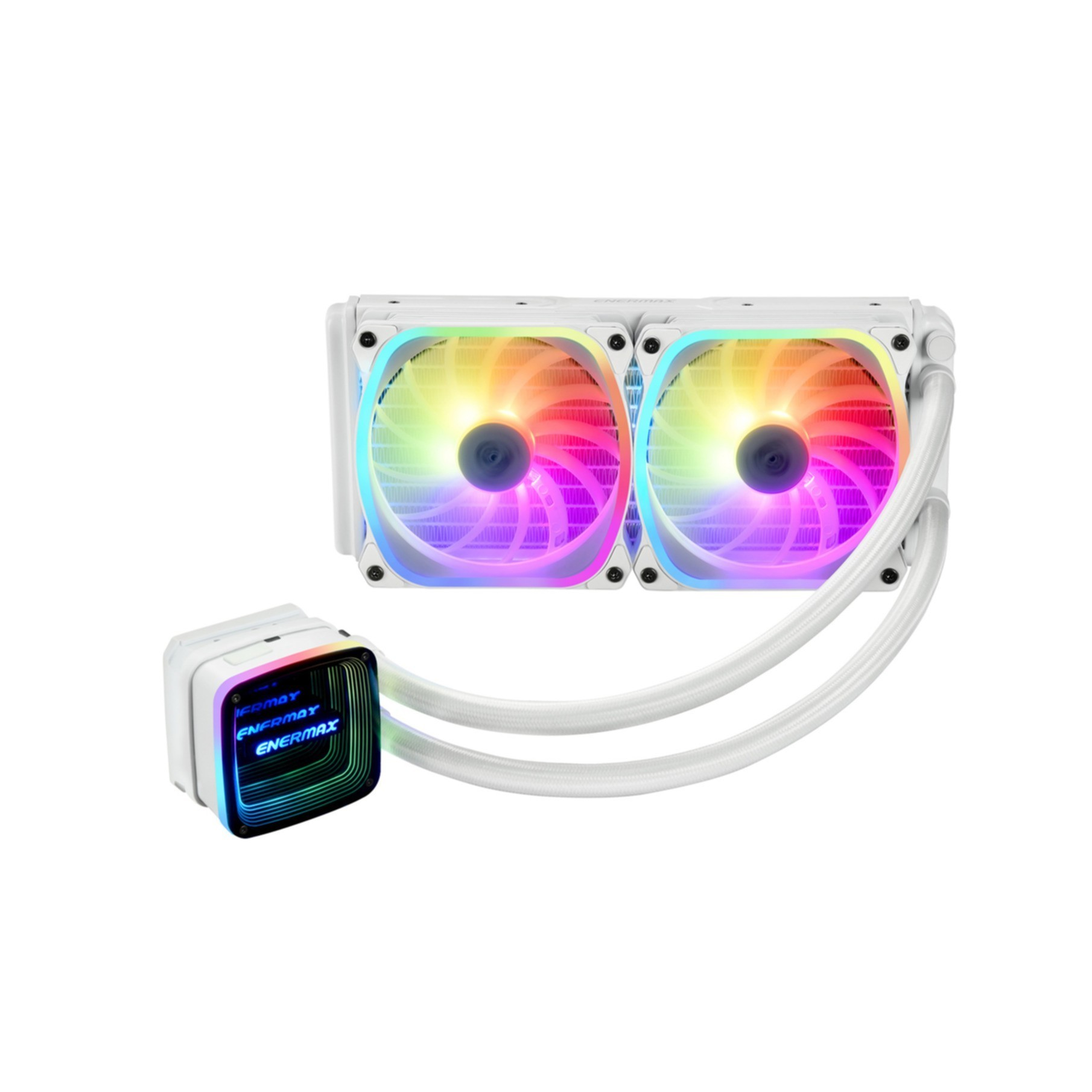 Biały system chłodzenia cieczą z dwoma wentylatorami i pompą. Wentylatory mają kolorowe diody LED.