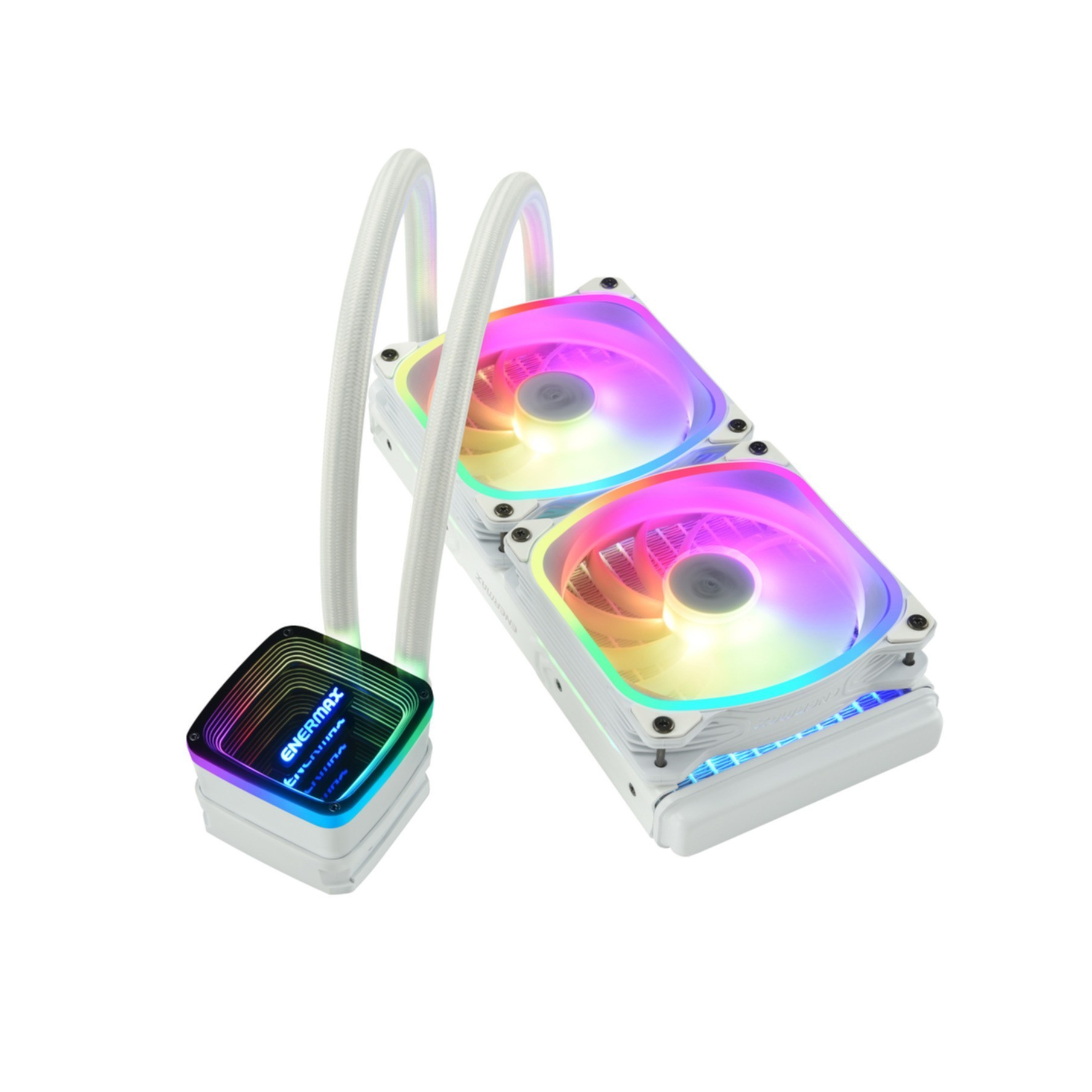 Biało-czarny chłodnica cieczy do komputera ze światłami RGB i dwoma wentylatorami, na białym tle.