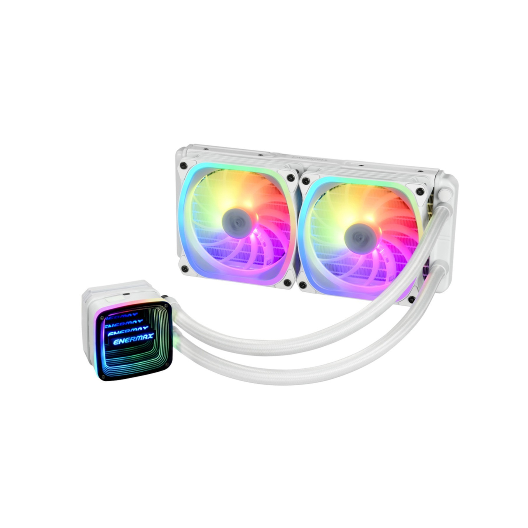 System chłodzenia komputera z dwoma wentylatorami i pompą. Wentylatory mają kolorowe światła.