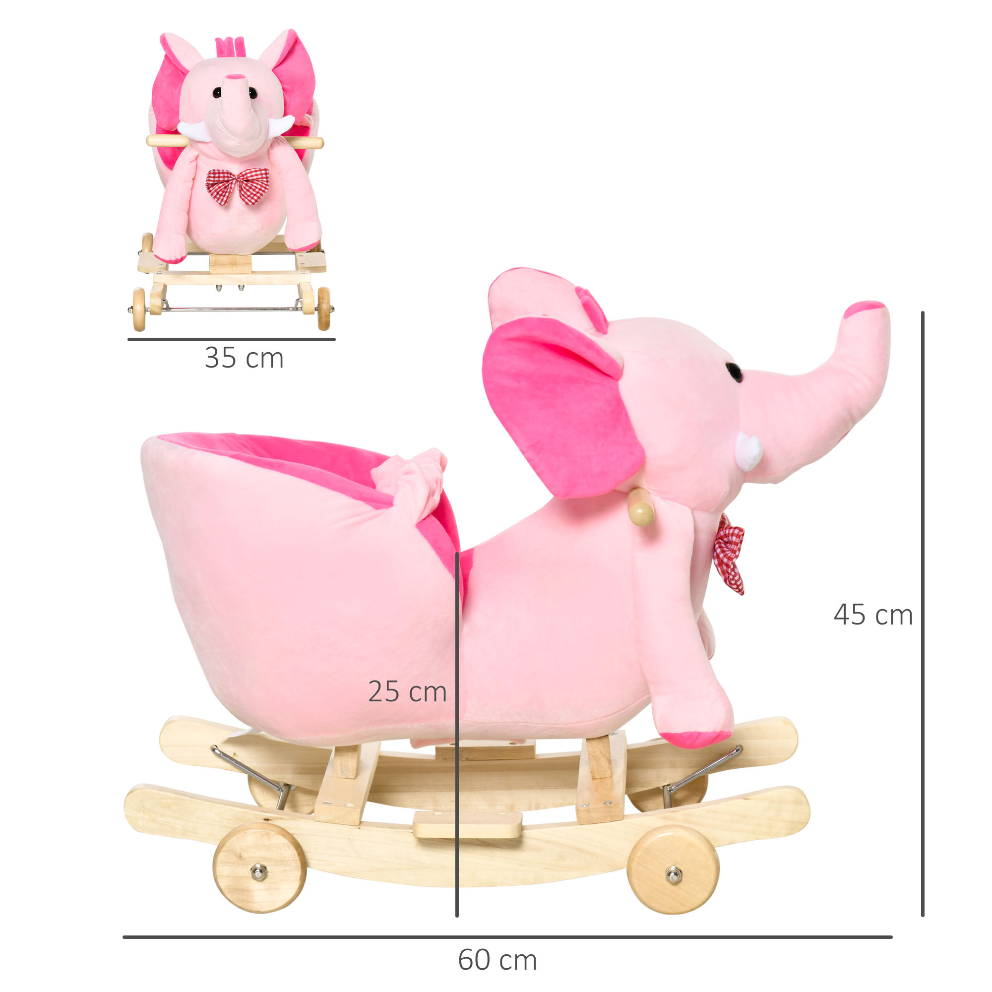 Juguete balancín de elefante rosa con dimensiones y un modelo pequeño.