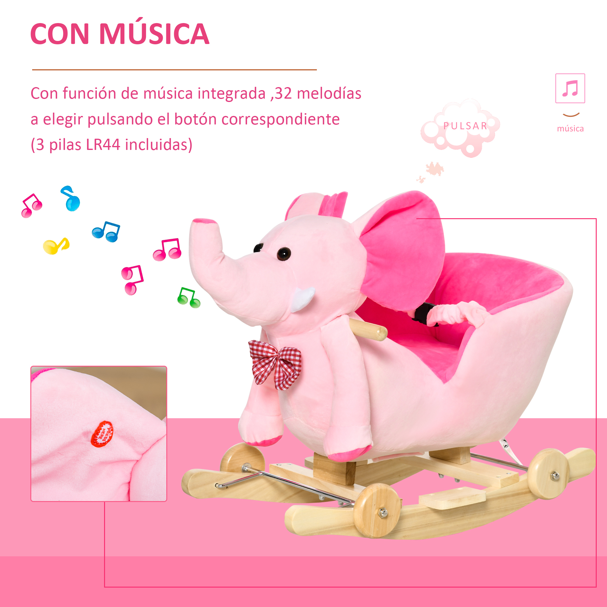 Elefante balancín rosa con pajarita roja, notas musicales y texto.
