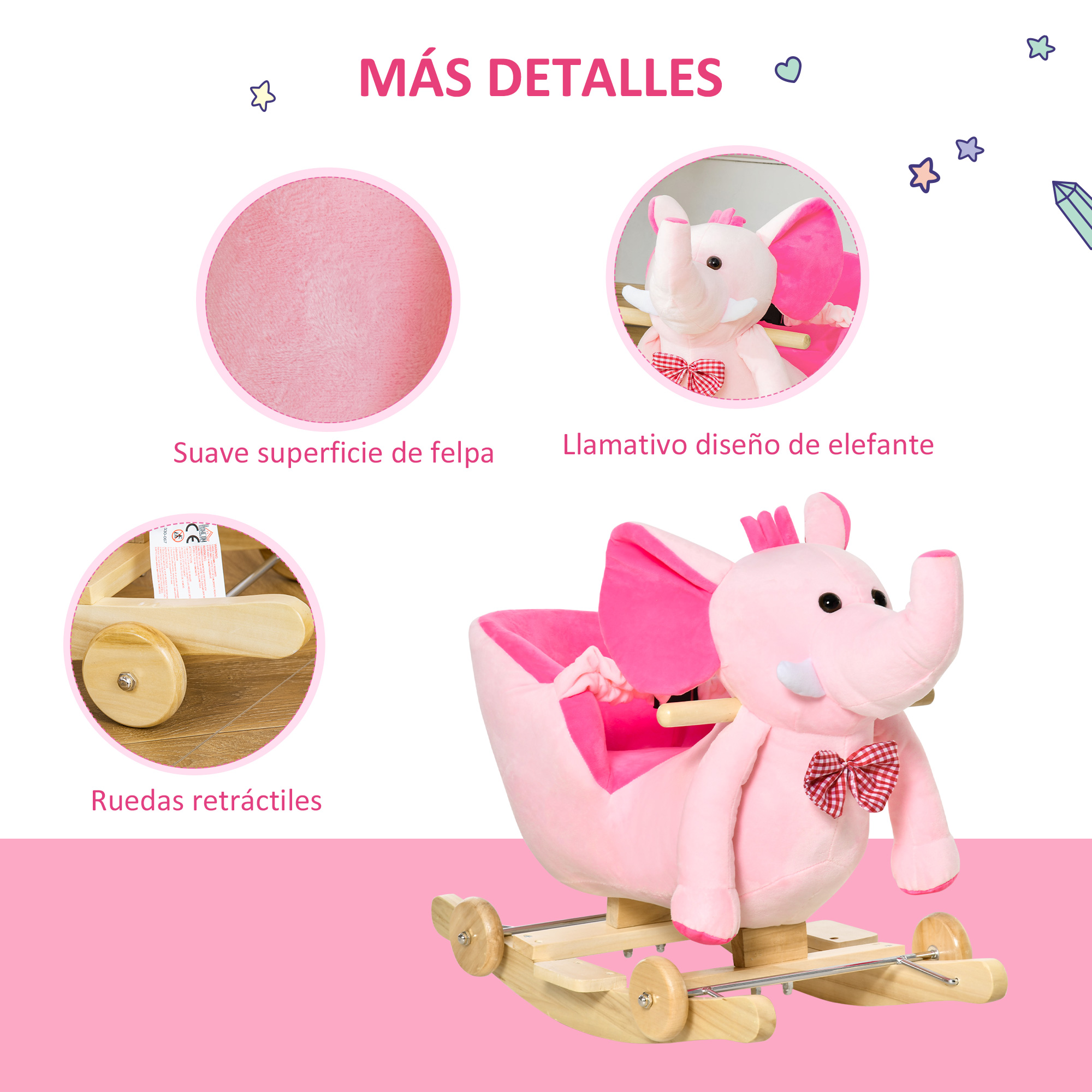 Un juguete de elefante balancín rosa con pajarita roja. Detalles: superficie de fieltro y ruedas retráctiles.