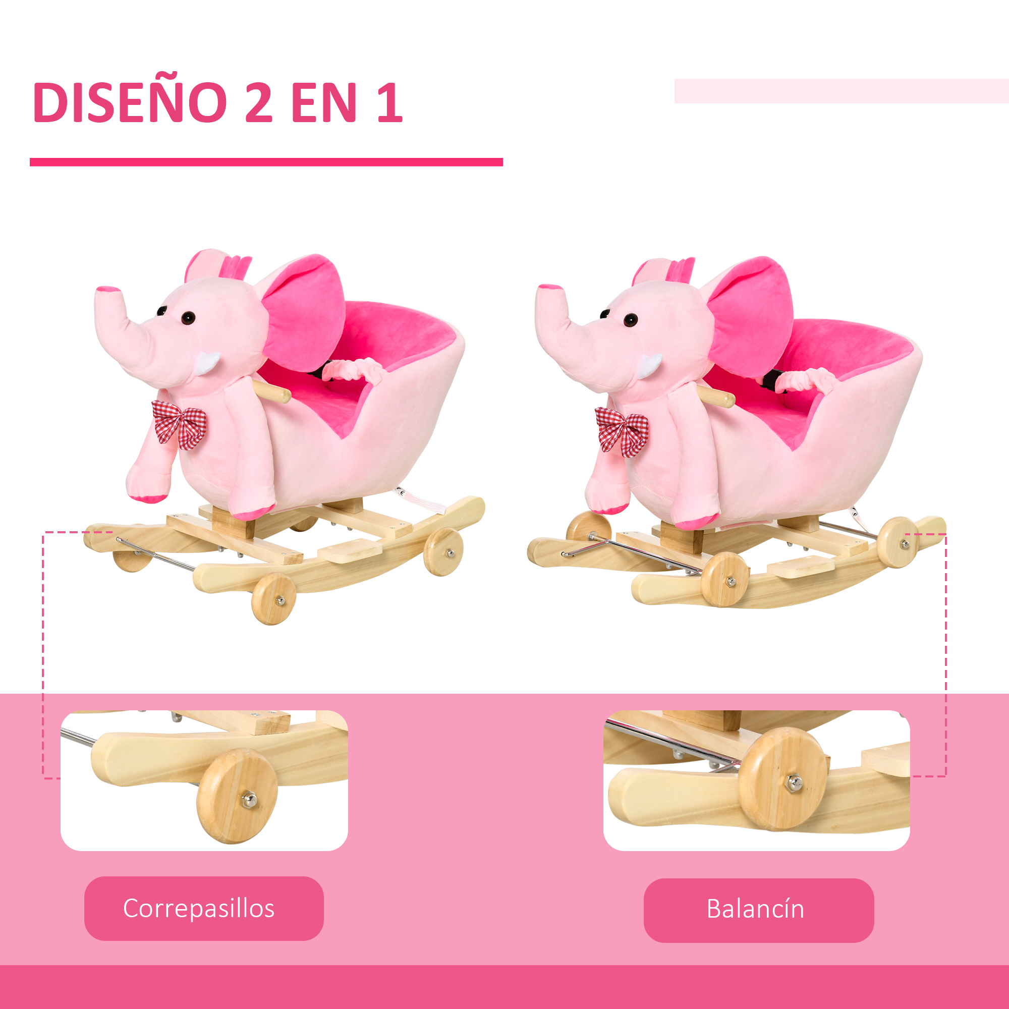 Dos juguetes balancín de elefante rosa para niños, que también muestran cómo se pueden convertir en un andador.