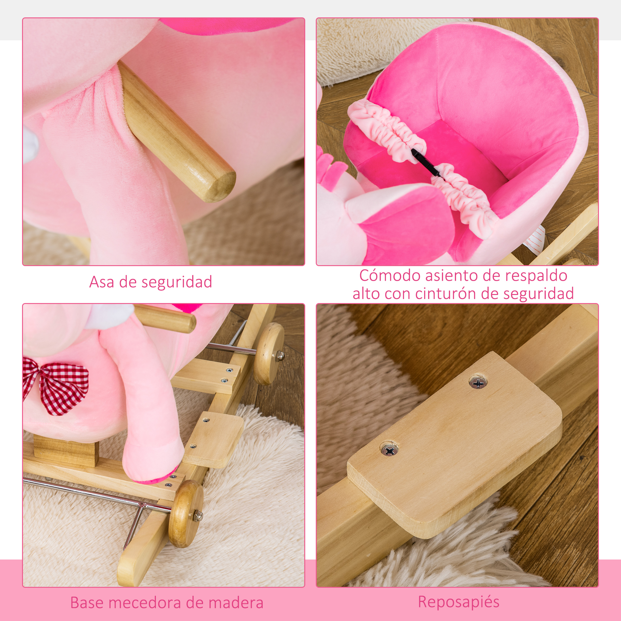 Caballo balancín rosa con base de madera, ruedas y características de seguridad.