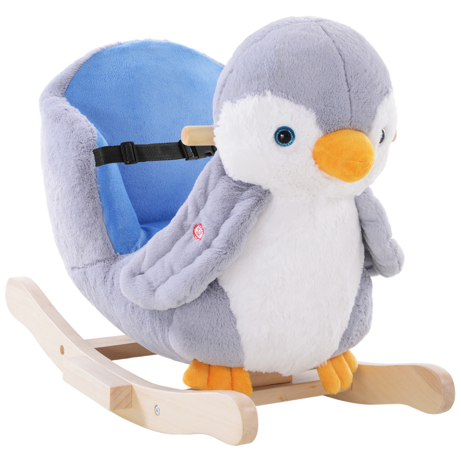 Giocattolo a dondolo a forma di pinguino grigio per bambini, sedile blu.