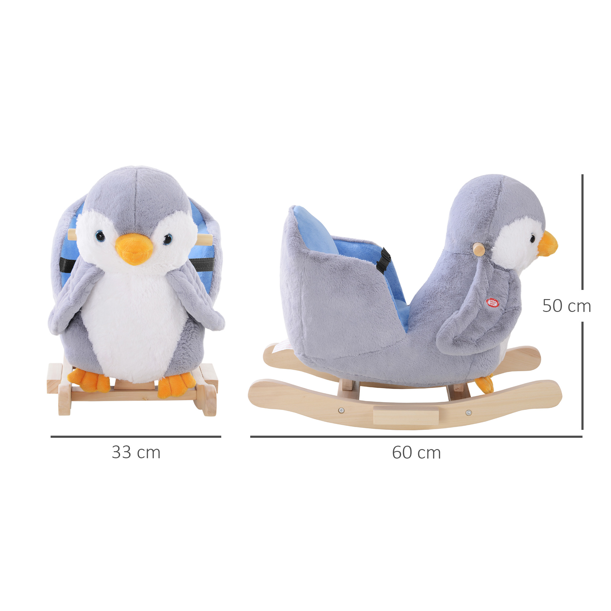 Due immagini di un giocattolo a dondolo a forma di pinguino grigio. Dimensioni: 33x60x50 cm.