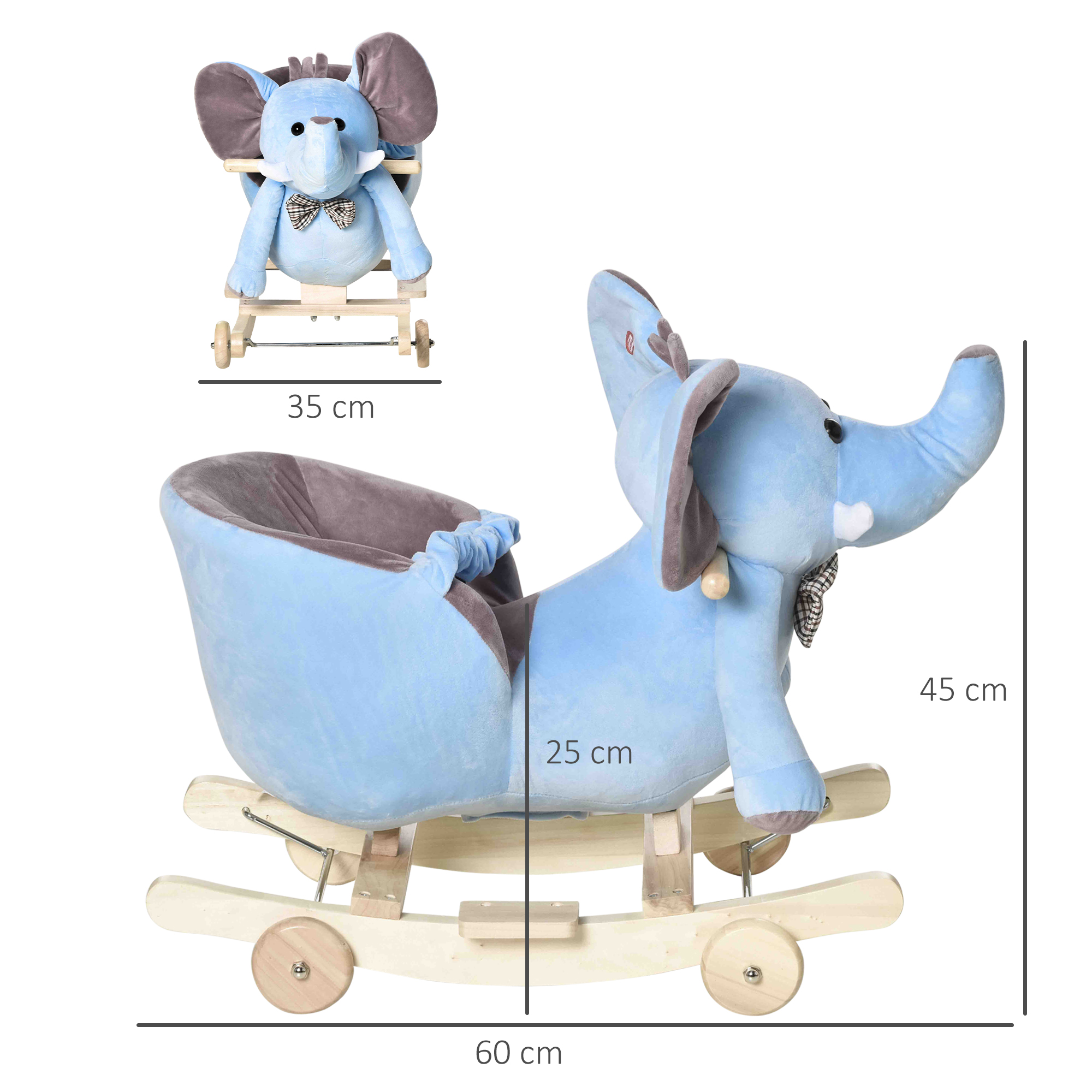 Caballo balancín de elefante azul con medidas. Tiene cuerpo azul, balancines de madera y pajarita.