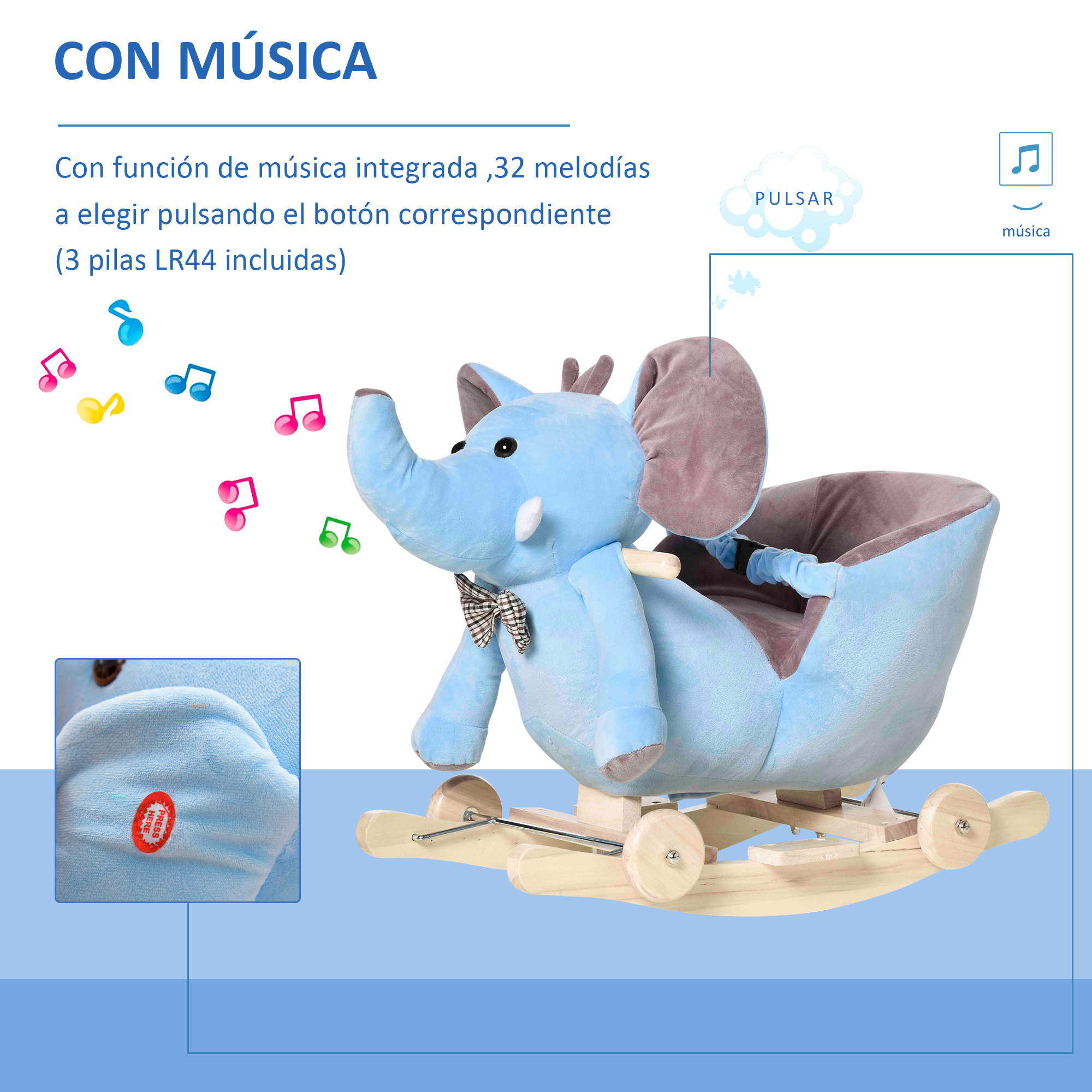 Balancín de elefante azul con botón de música. Combinación de colores azul y gris suave.