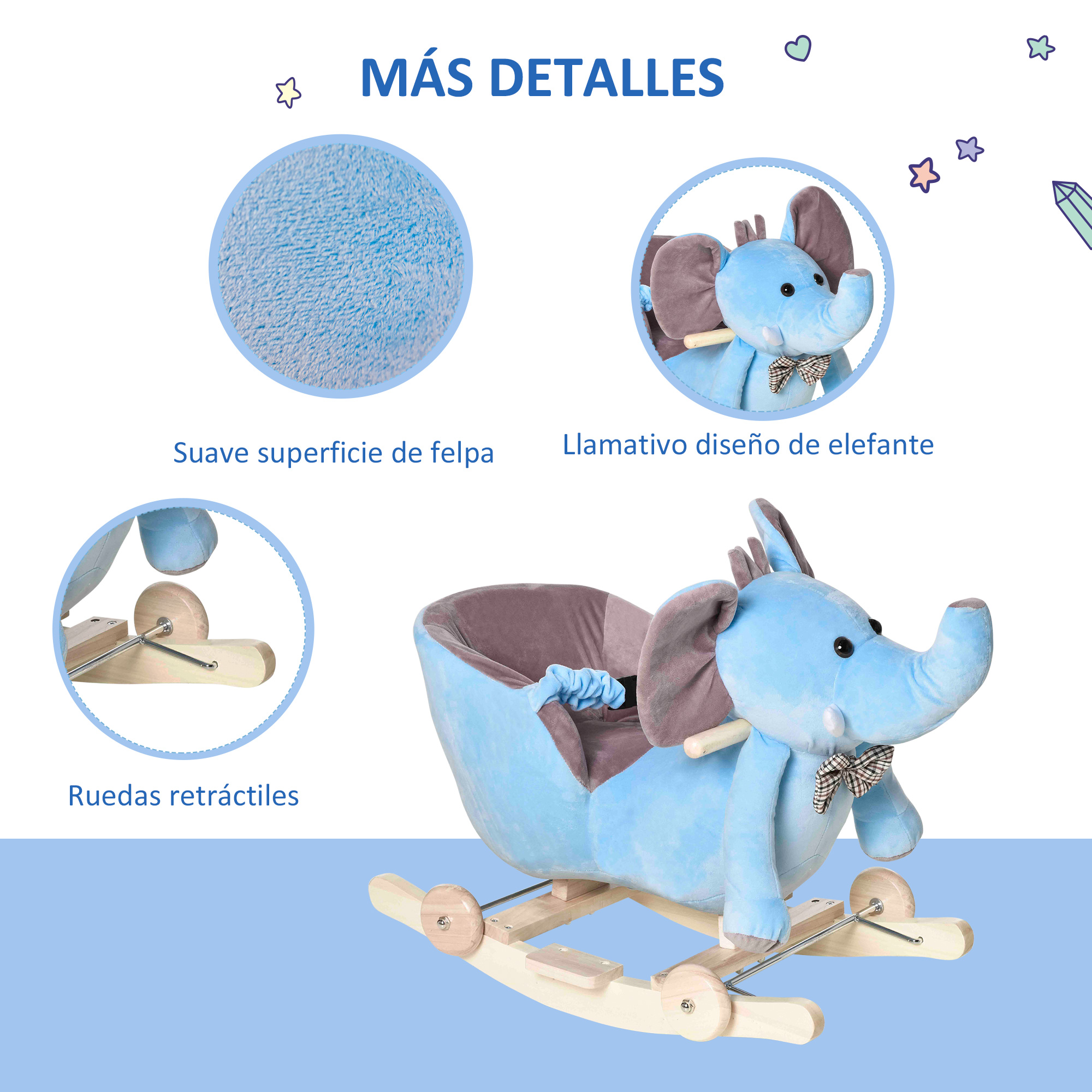 Un juguete balancín de elefante azul con detalles de la cabeza y base de madera. Primer plano.