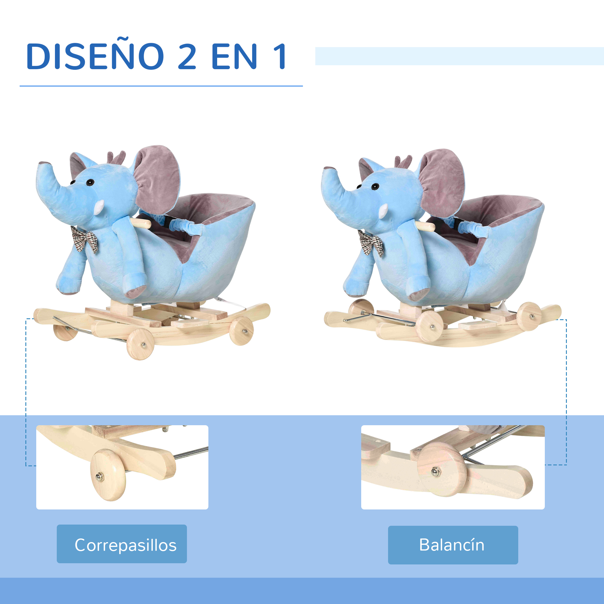 Dos balancines de elefante azul sobre fondo blanco, con base de madera y detalles.