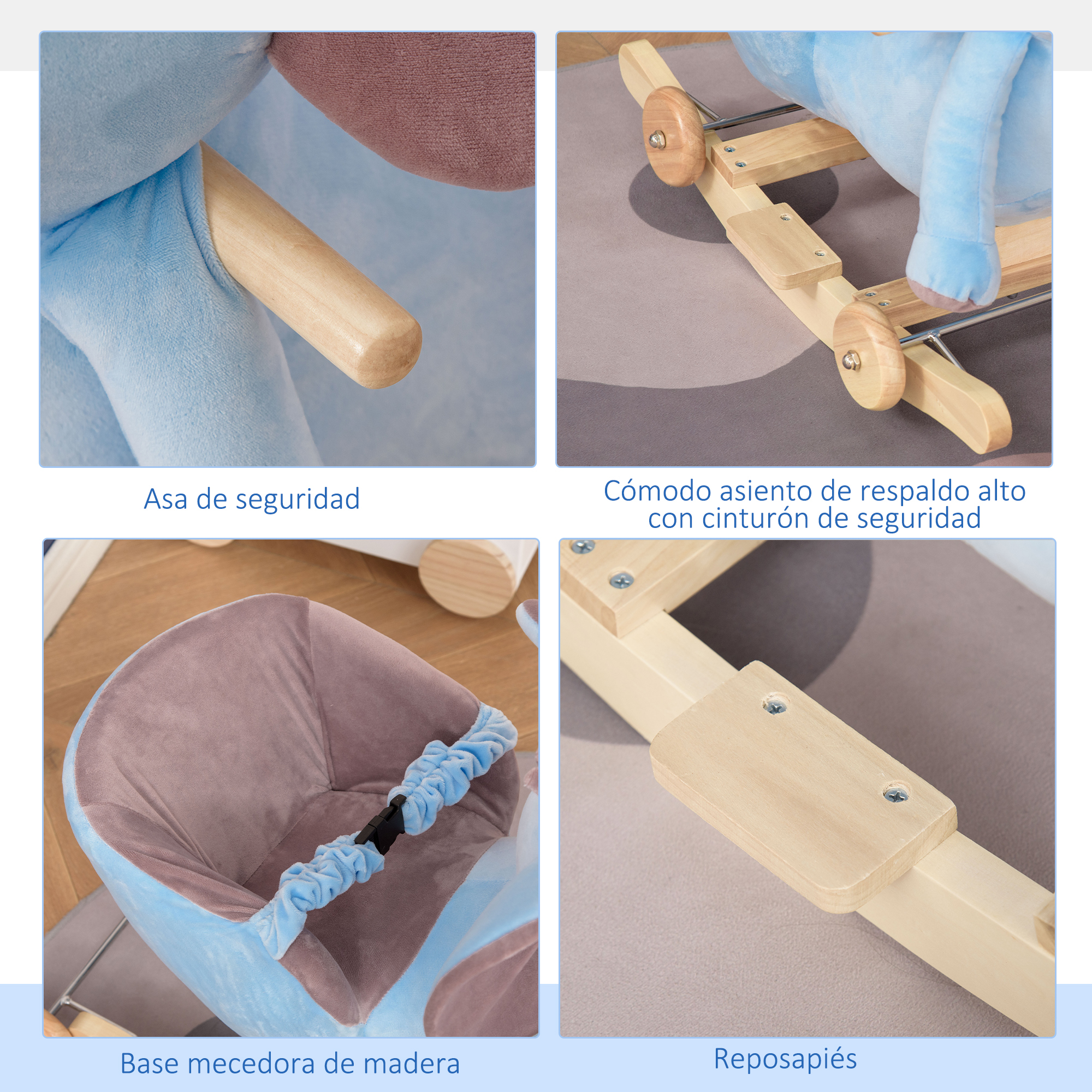 Imágenes de primer plano de un caballito balancín para bebés. Base de madera, asiento de felpa azul con elementos de seguridad.