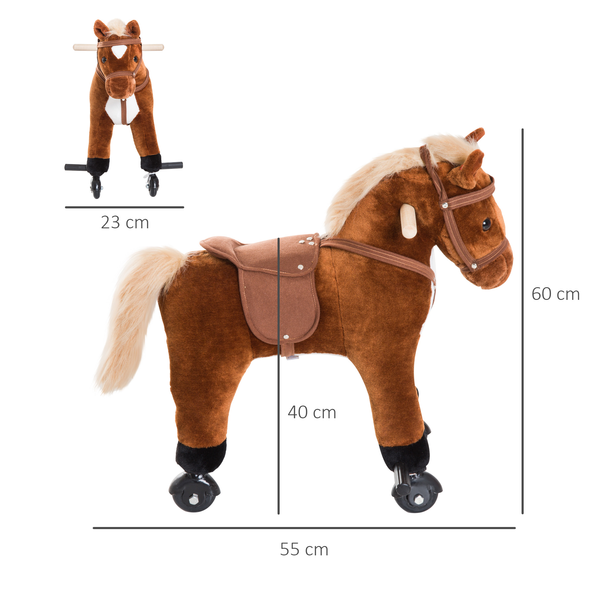 Caballo de juguete marrón sobre ruedas con dimensiones etiquetadas. Un caballo de juguete más pequeño es visible arriba a la izquierda.