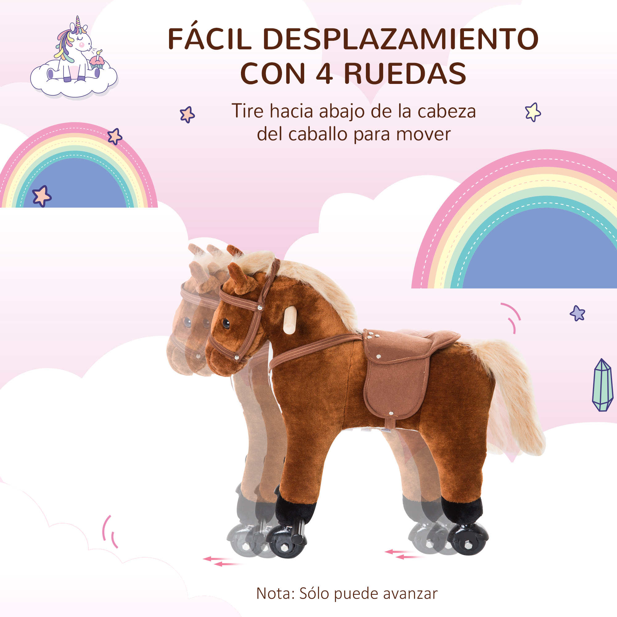 Caballo de juguete sobre ruedas con texto en español, ilustraciones de arcoíris y unicornios.