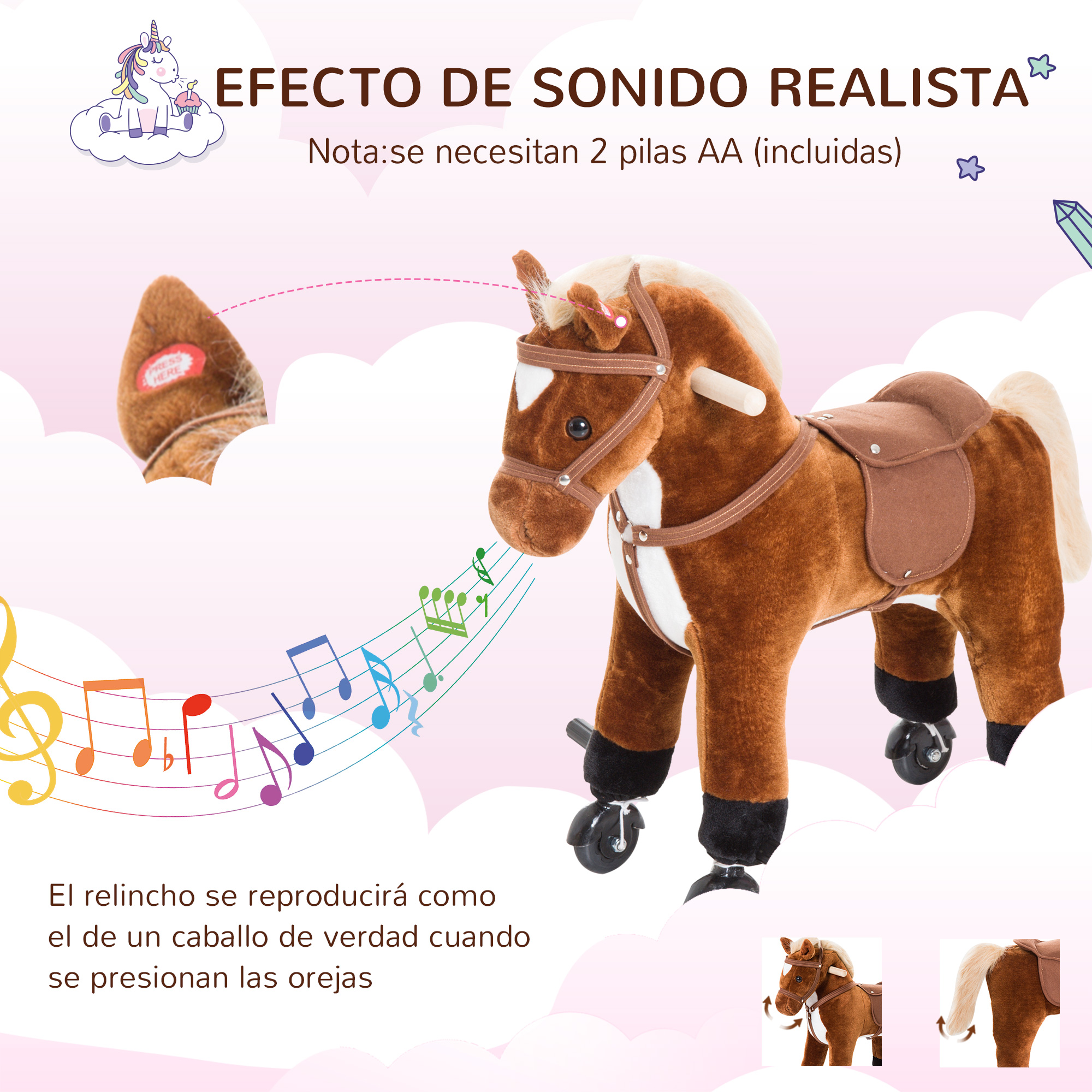 Caballo de juguete con efectos de sonido. Cuerpo marrón, crin blanca y silla marrón. Notas musicales.
