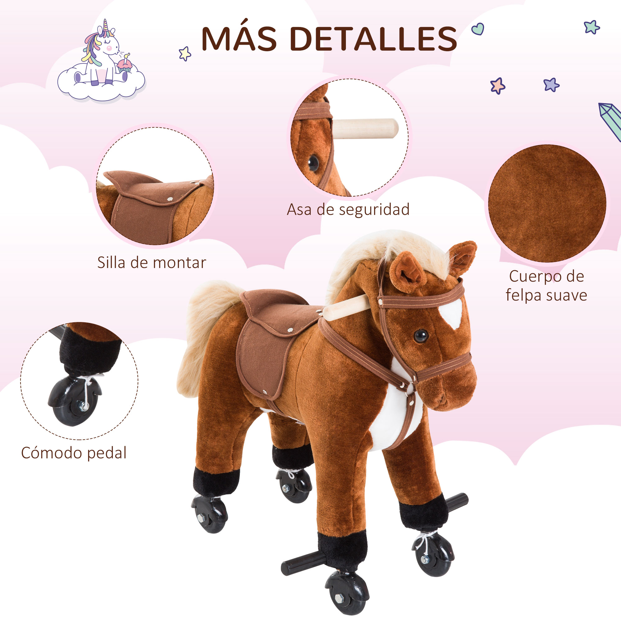 Caballo de juguete con ruedas. Caballo marrón con montura y asa de seguridad infantil. Detalles muestran.