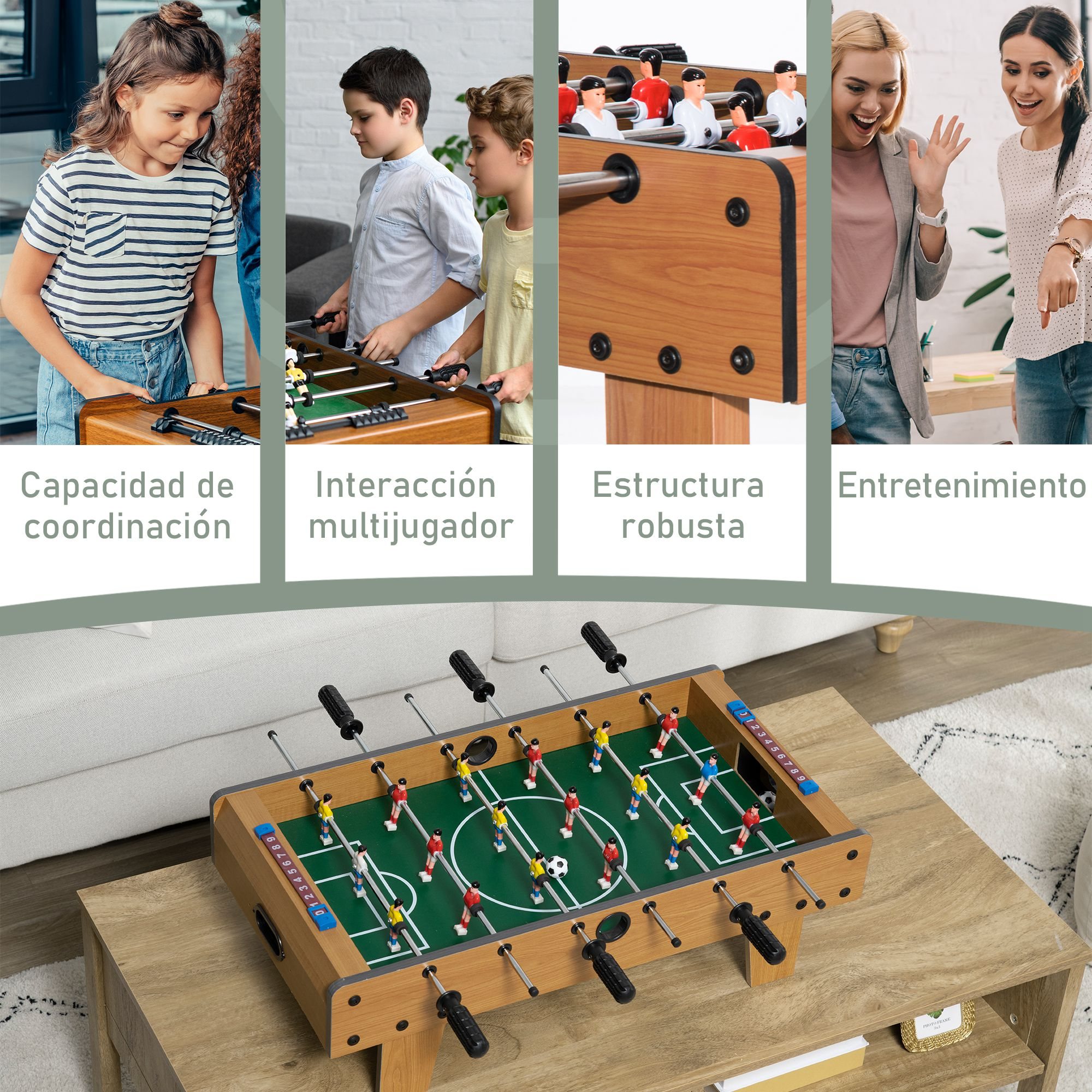 Una mesa de futbolín rodeada de gente jugando, con etiquetas de texto en español.