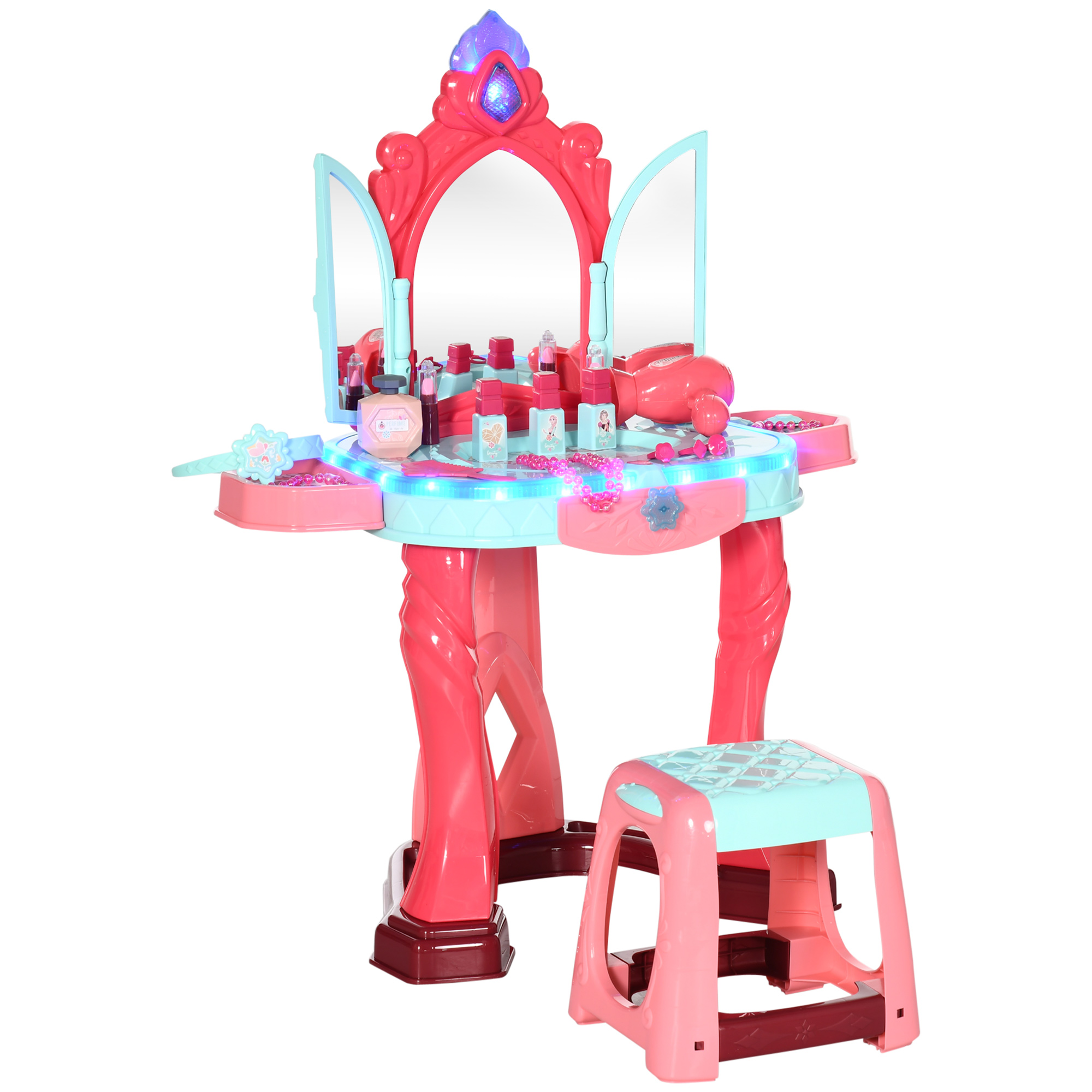 Set da trucco rosa principessa con specchio, sgabello e accessori, con luci blu e rosa.