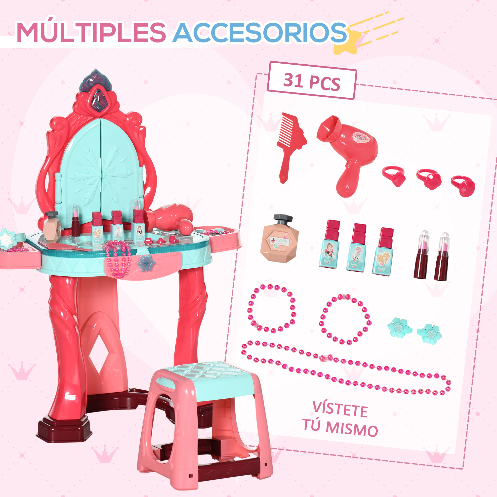 Una mesa de tocador rosa con accesorios de maquillaje y un taburete.