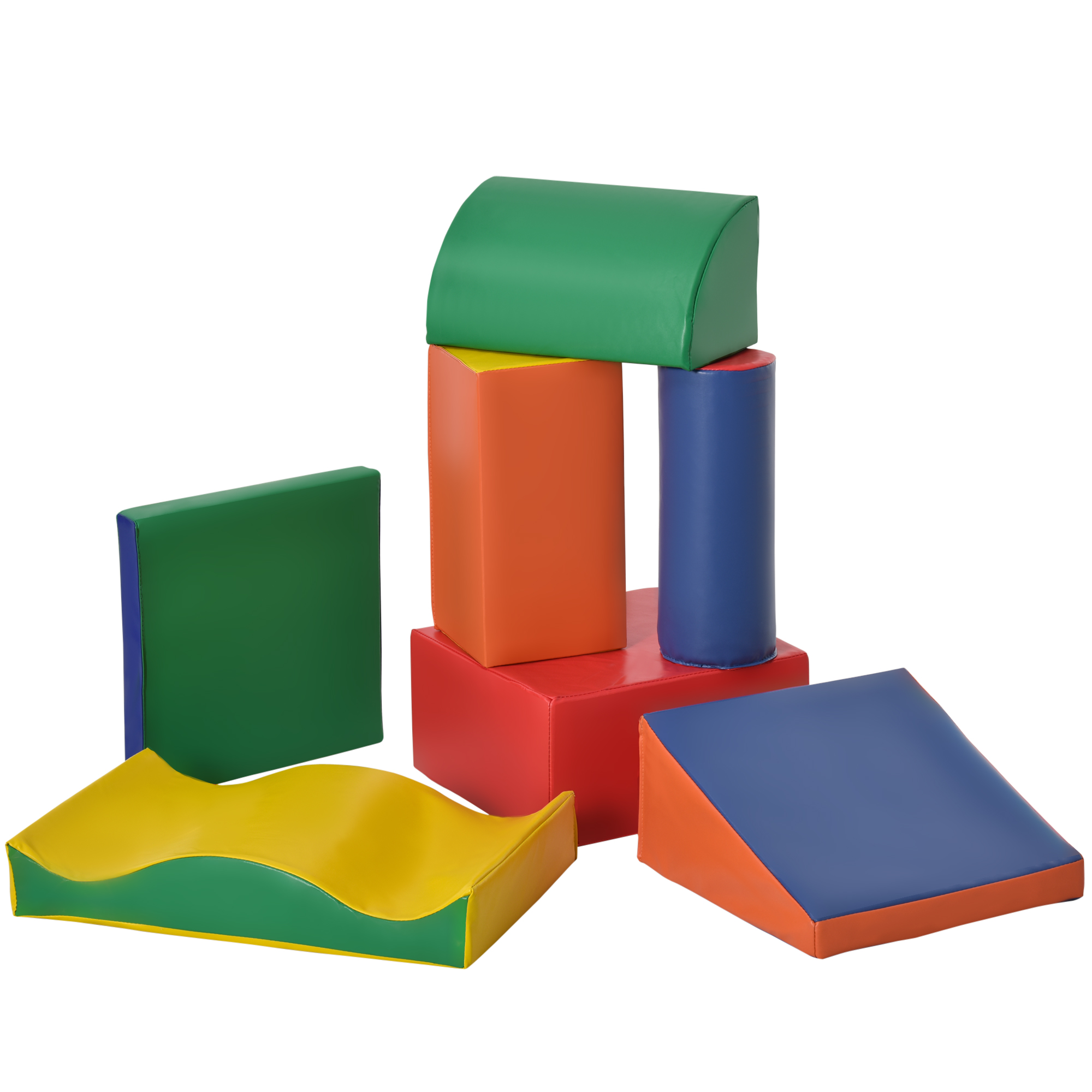 Blocchi di schiuma colorati impilati. Forme verdi, gialle, arancioni e blu disposte su sfondo bianco.