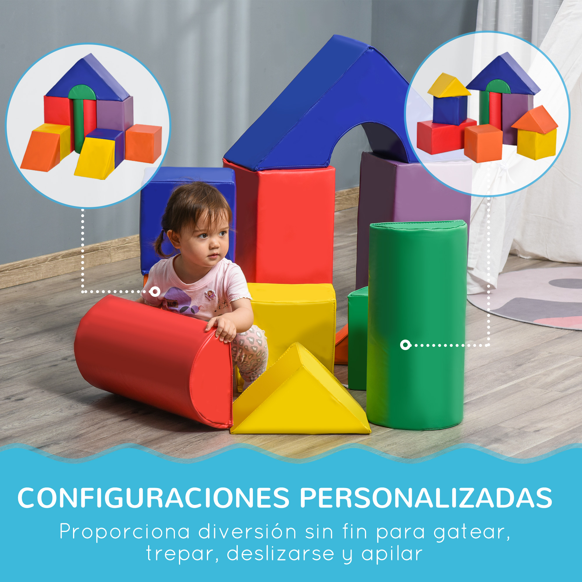 Un niño pequeño rodeado de bloques de espuma de colores. Otros bloques están en el fondo.