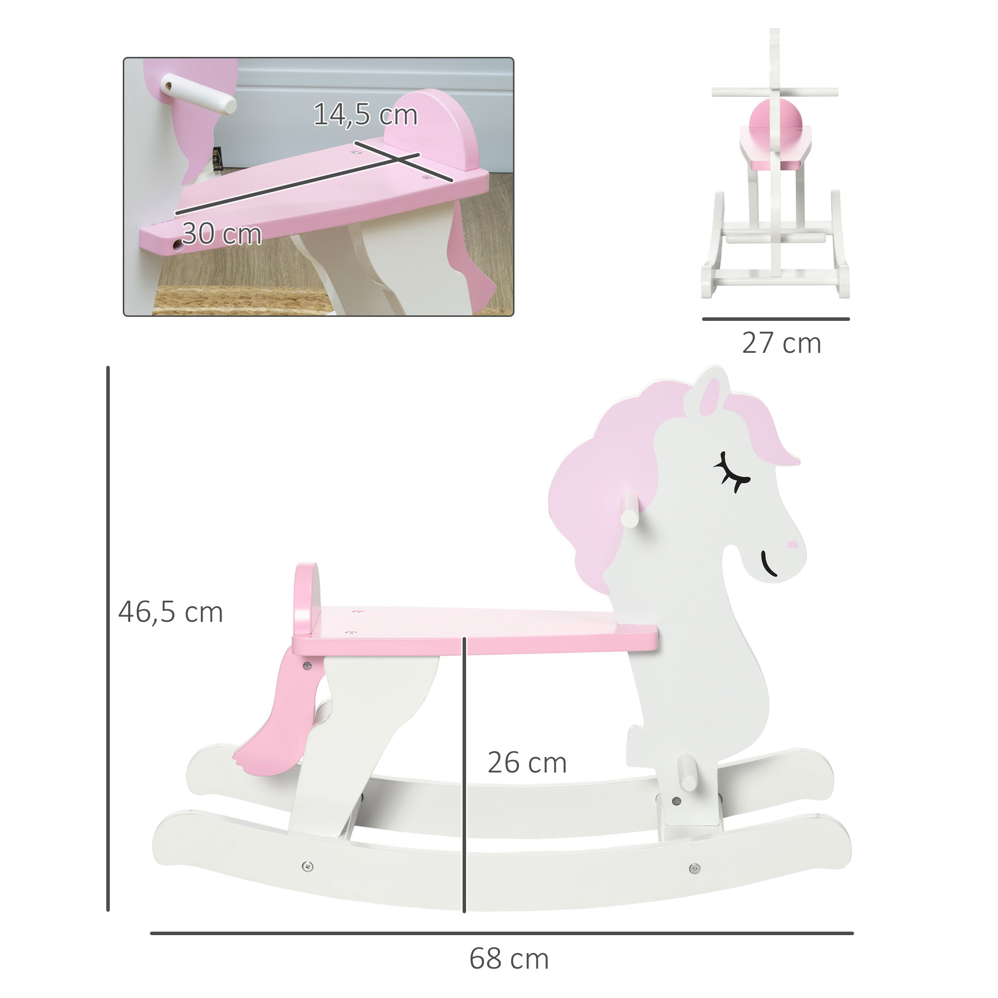 Caballo balancín de unicornio de madera con medidas. Combinación de colores rosa y blanco. Dimensiones mostradas.