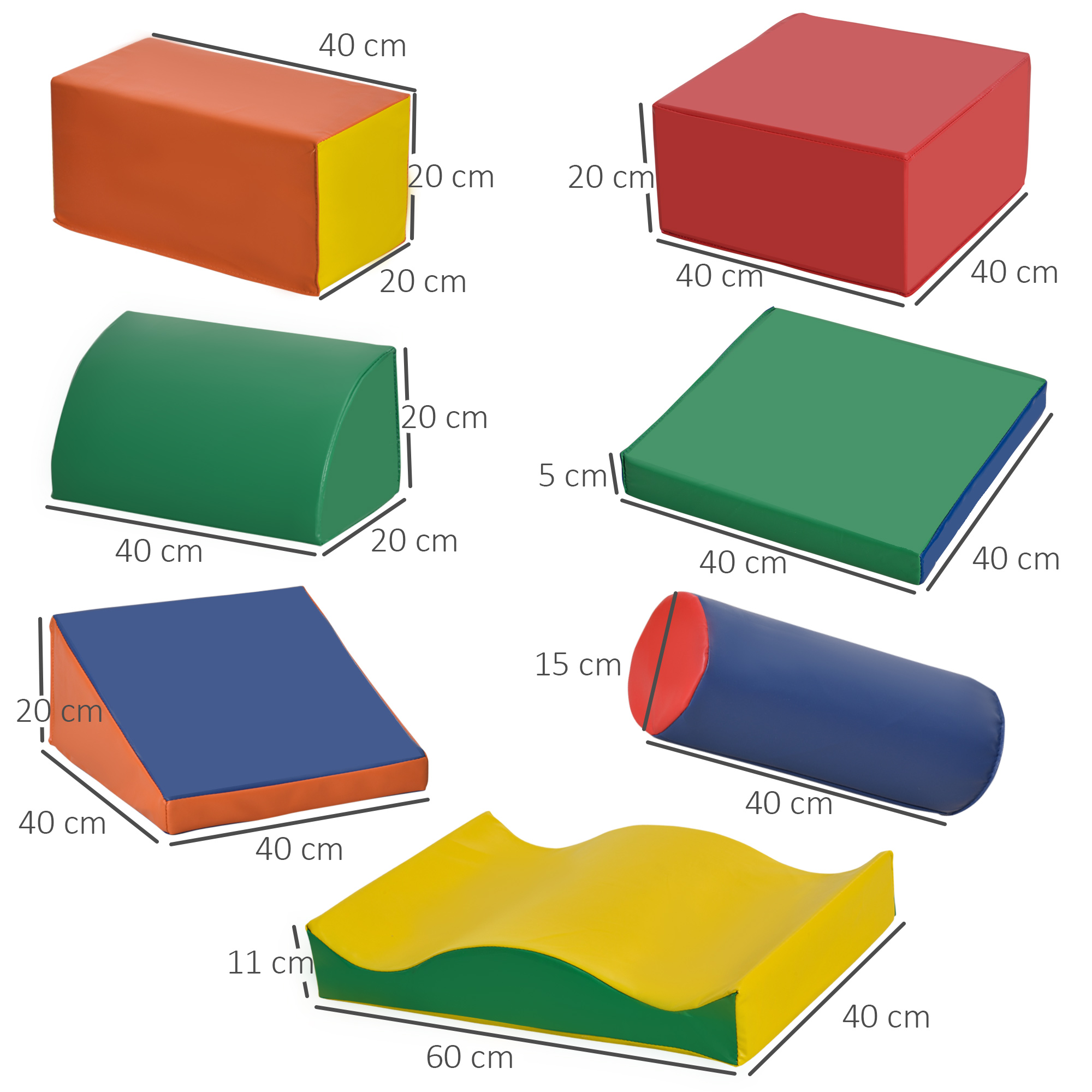 Forme di gioco in schiuma colorate in varie forme geometriche con dimensioni.