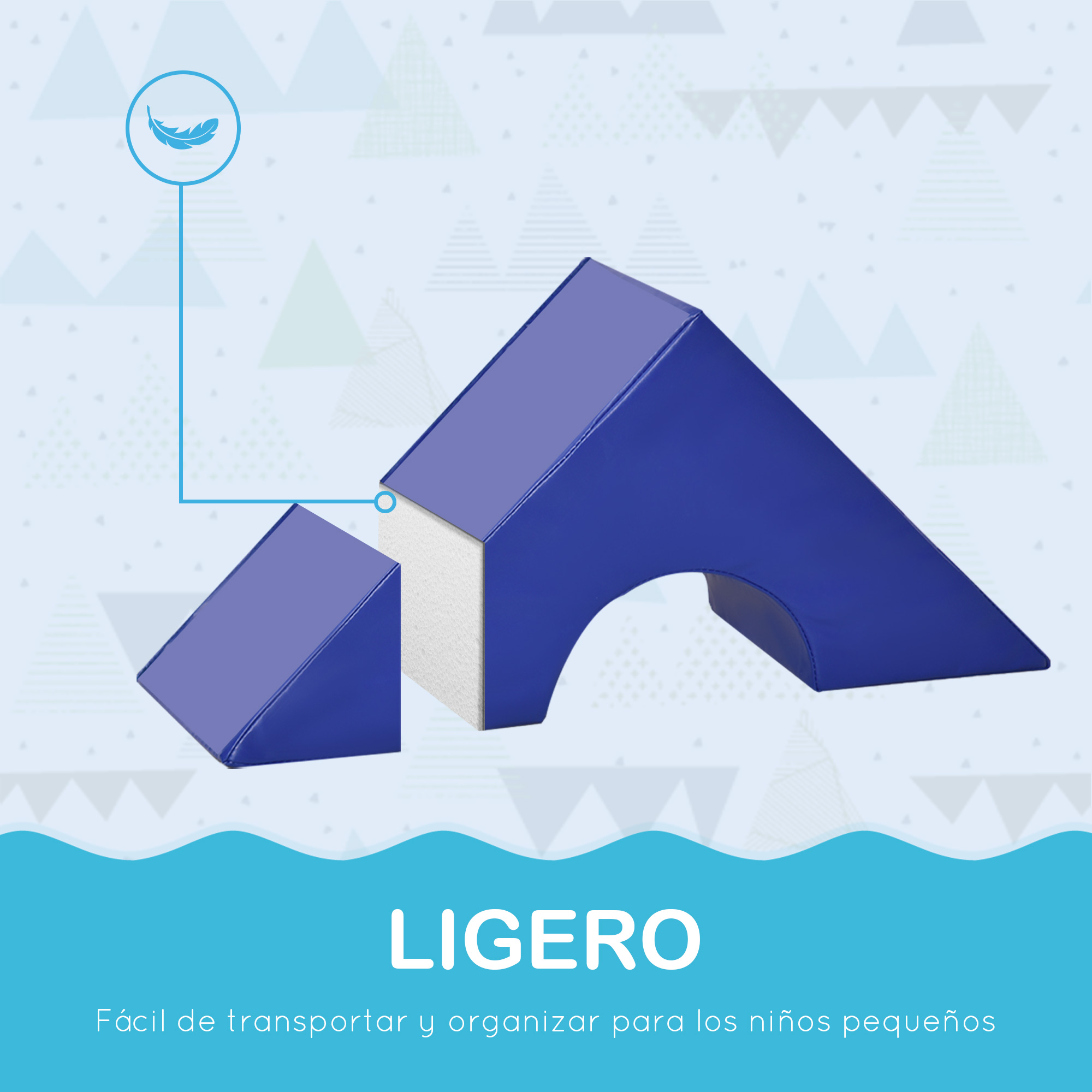 Bloques de construcción de espuma azules y blancos, con forma de casa y rampa.