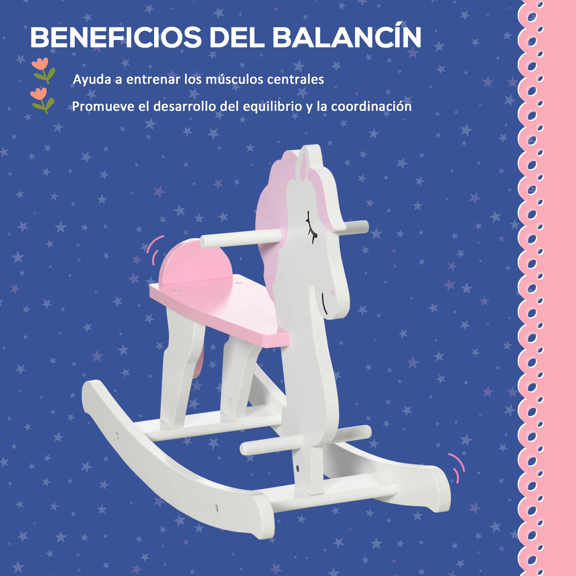Caballo balancín blanco y rosa sobre fondo azul con texto sobre los beneficios de mecerse.