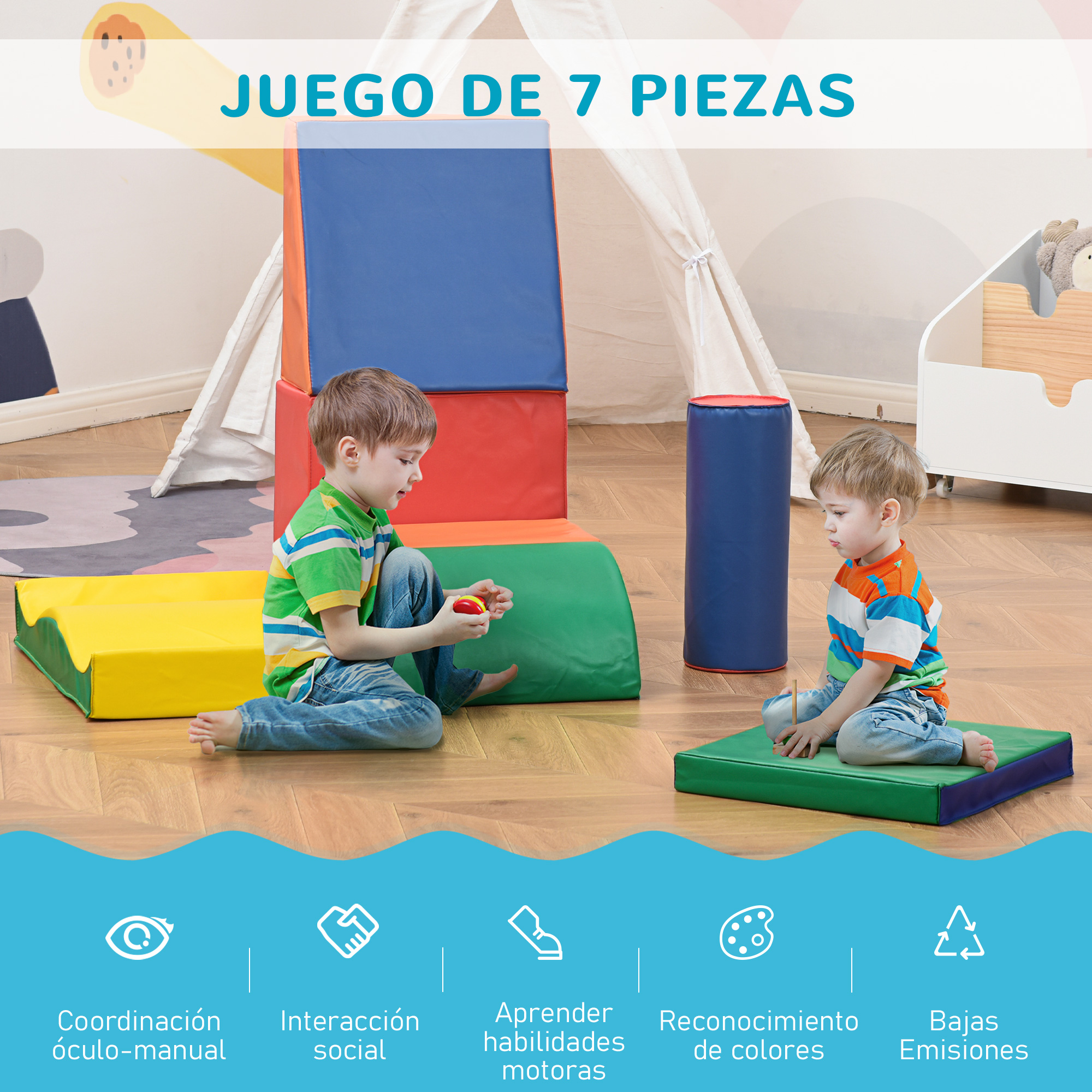 Niños jugando con formas de espuma y juguetes de colores en interiores.