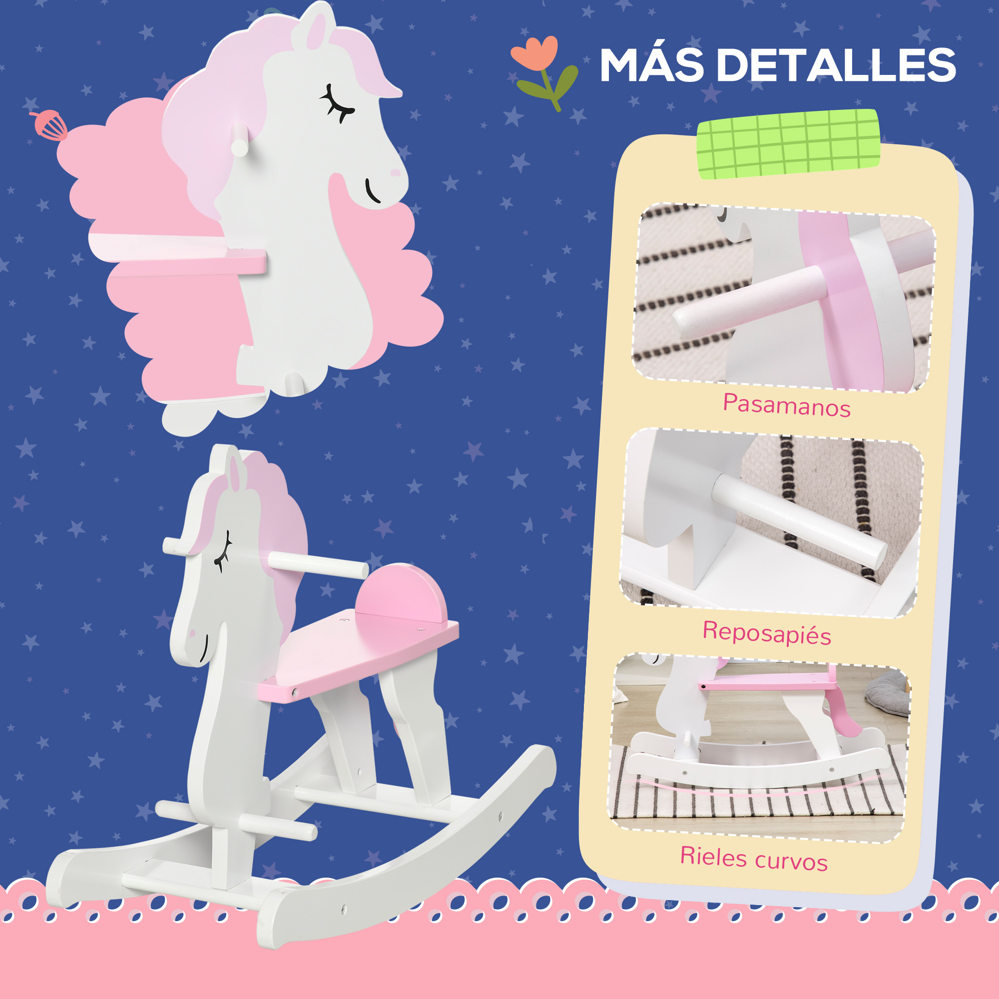 Caballo balancín y detalles de sus partes, con colores rosa y blanco.