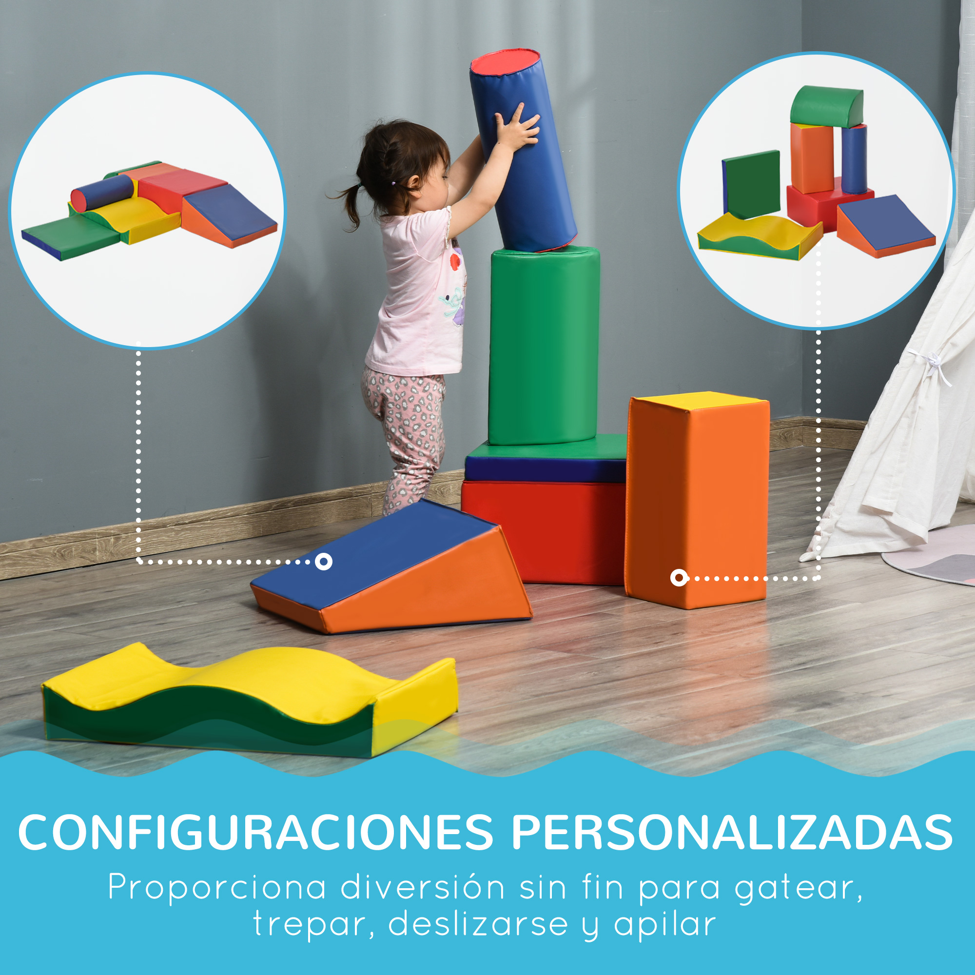 Un niño juega con bloques de espuma coloridos. Los bloques son azules, rojos, naranjas, amarillos y verdes. Texto abajo.