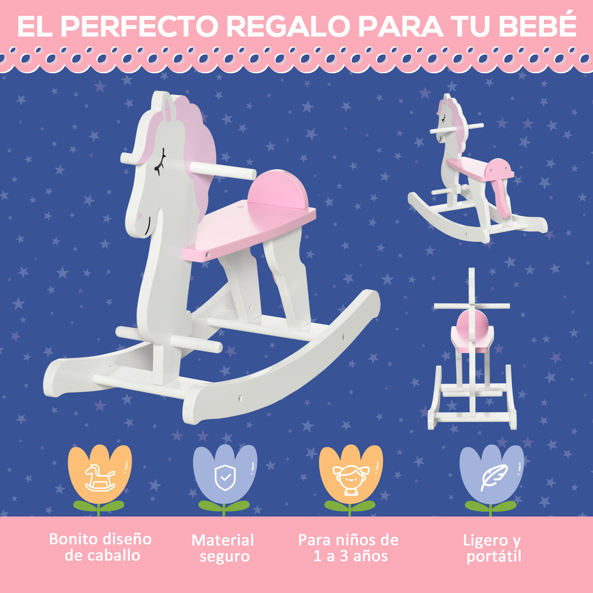 Caballitos de madera y flores sobre fondo azul, con texto: Regalo perfecto para tu bebé.