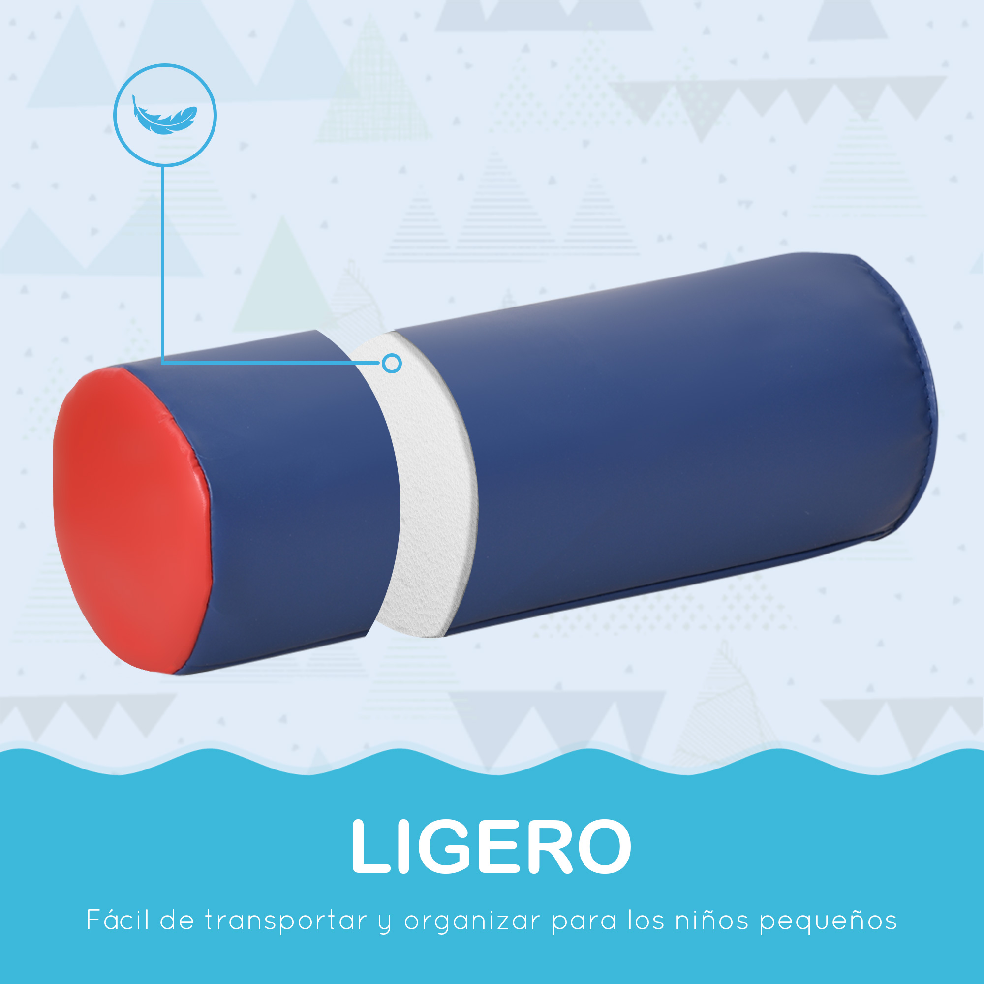 Cilindro azul con extremos rojos, icono de pluma y texto 