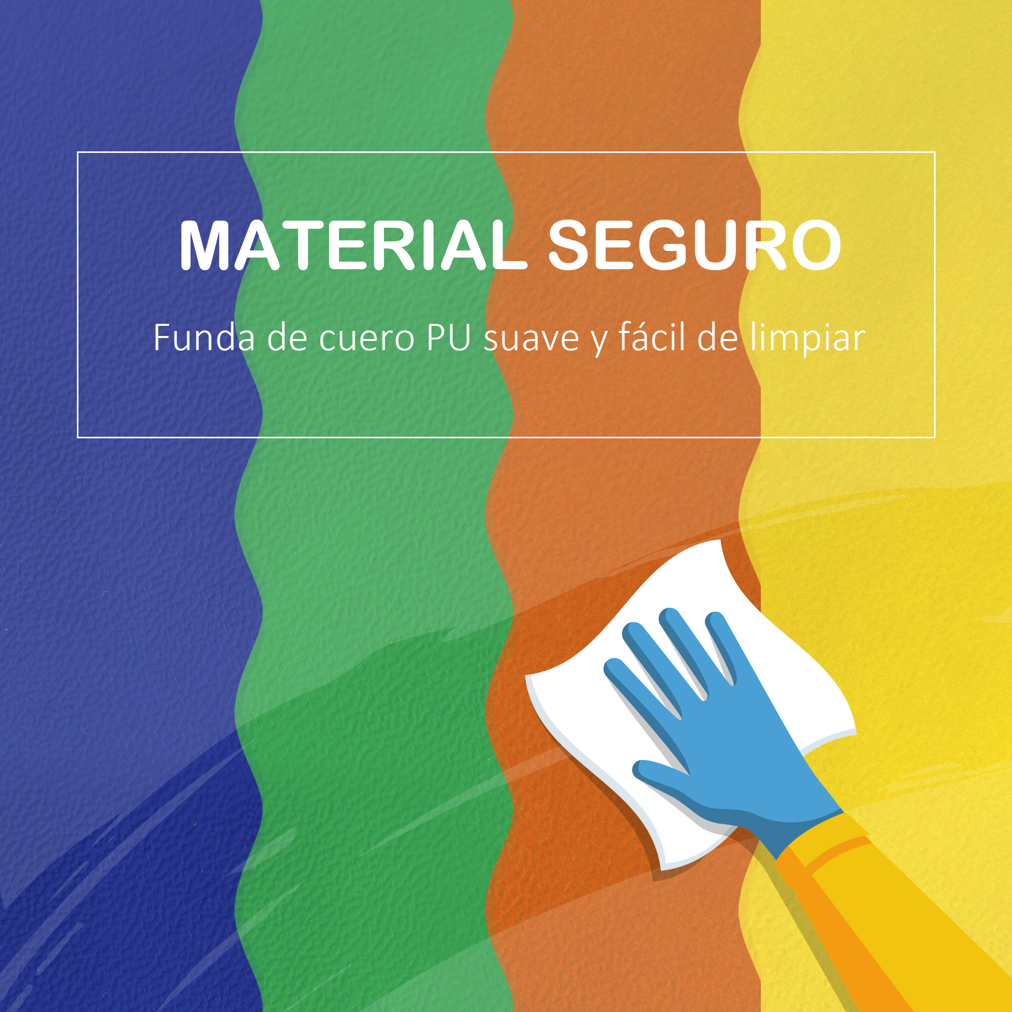 Mano limpiando una superficie colorida con un paño blanco.