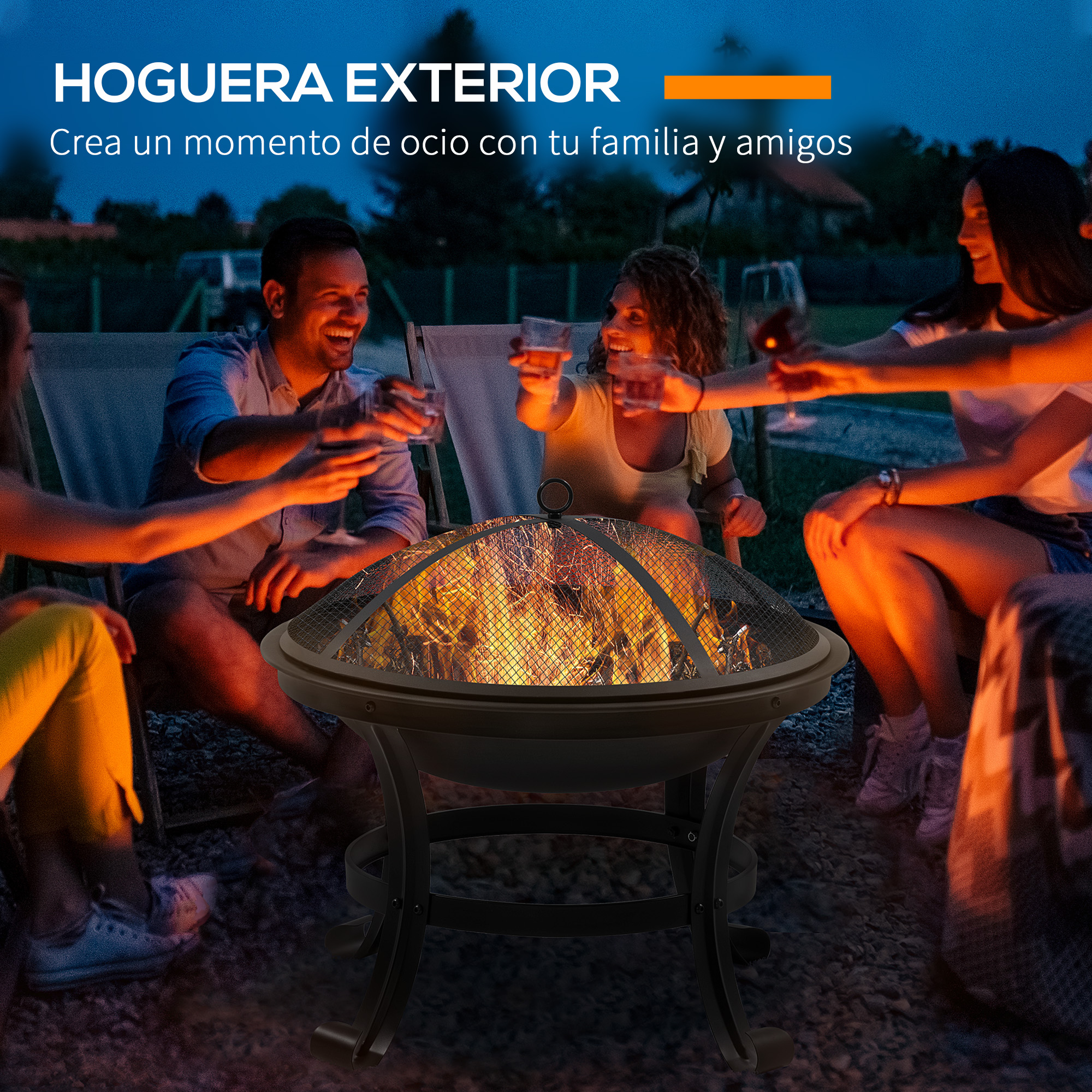 Gente alrededor de una hoguera, brindando con bebidas. La escena es al aire libre de noche.