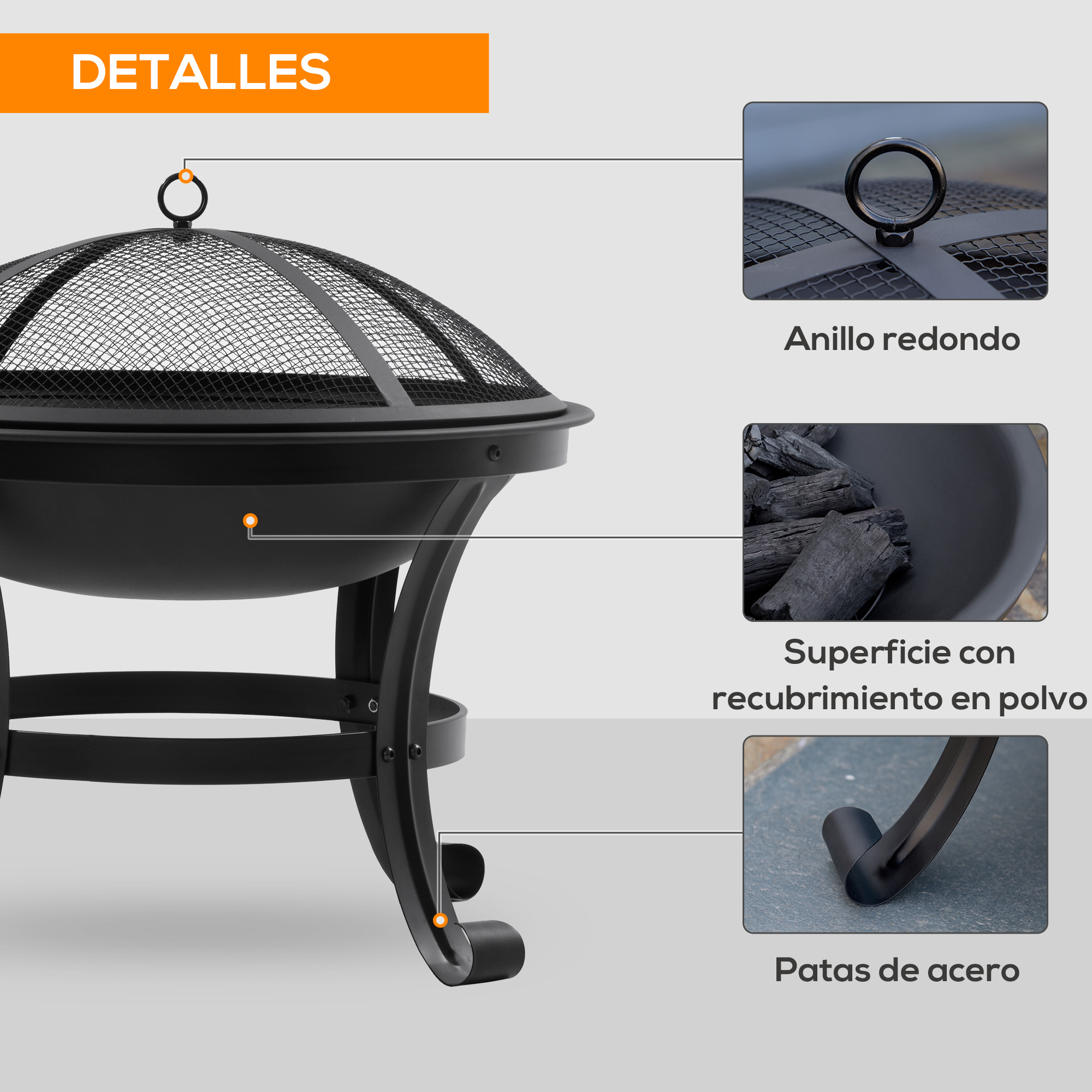 Un pozo de fuego negro con una cubierta de malla y carbón adentro.