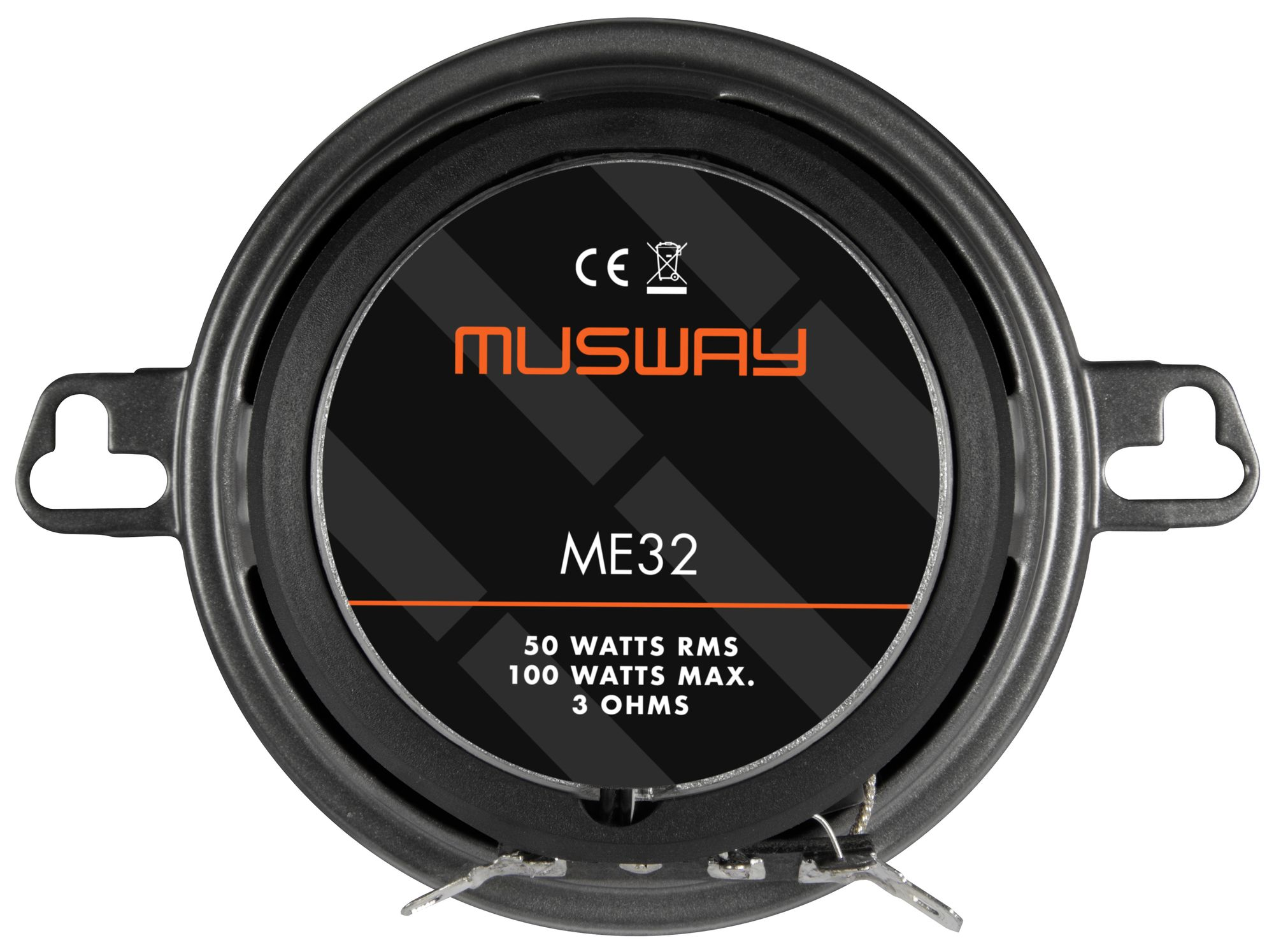 Ein runder Autolautsprecher mit der Aufschrift ME32. Er lautet: 50 WATTS RMS, 100 WATTS MAX, 3 OHMS.