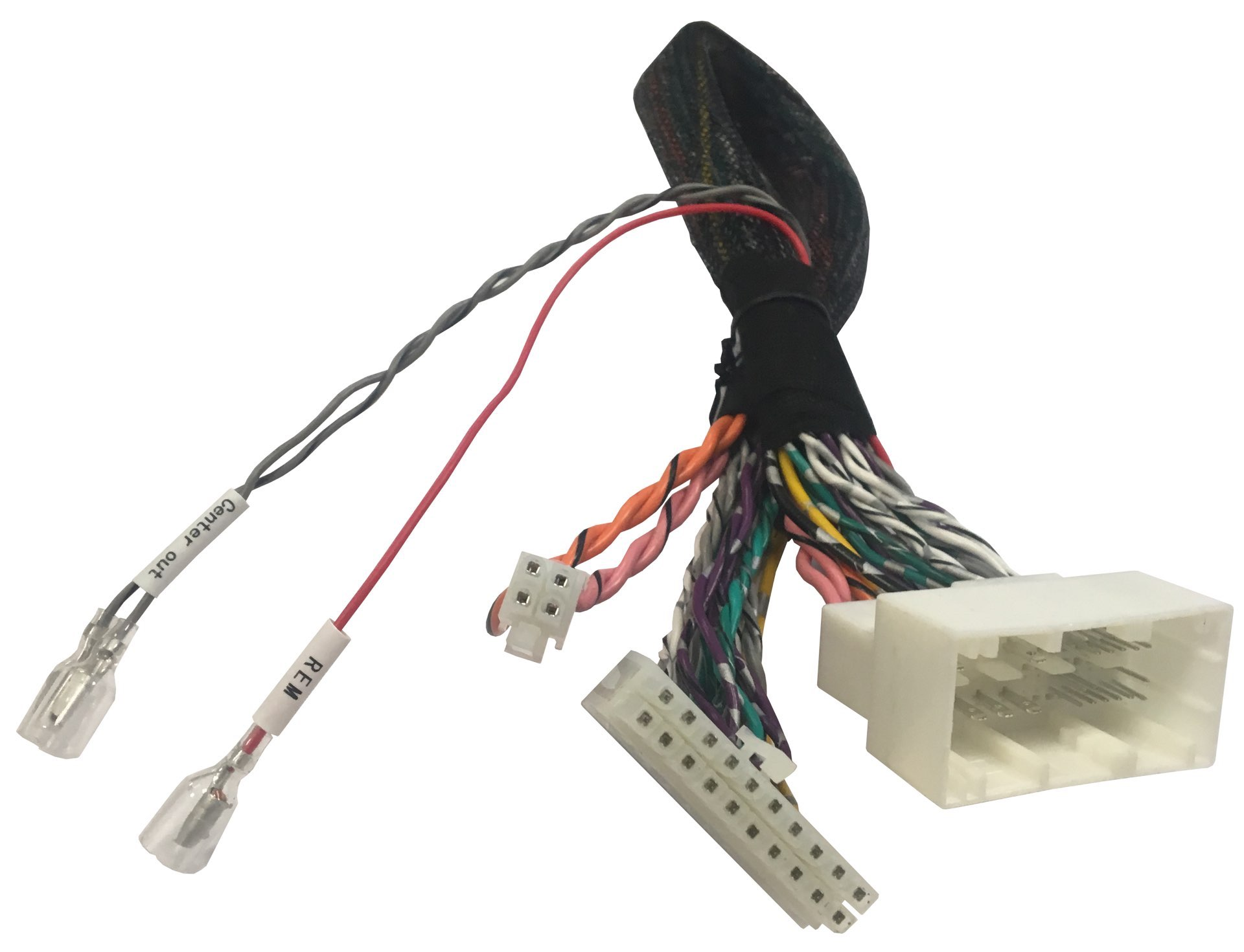 Bündel bunter Kabel mit Steckern. Kabel sind schwarz, rot, grau und verschiedenfarbig. Weißer Hintergrund.