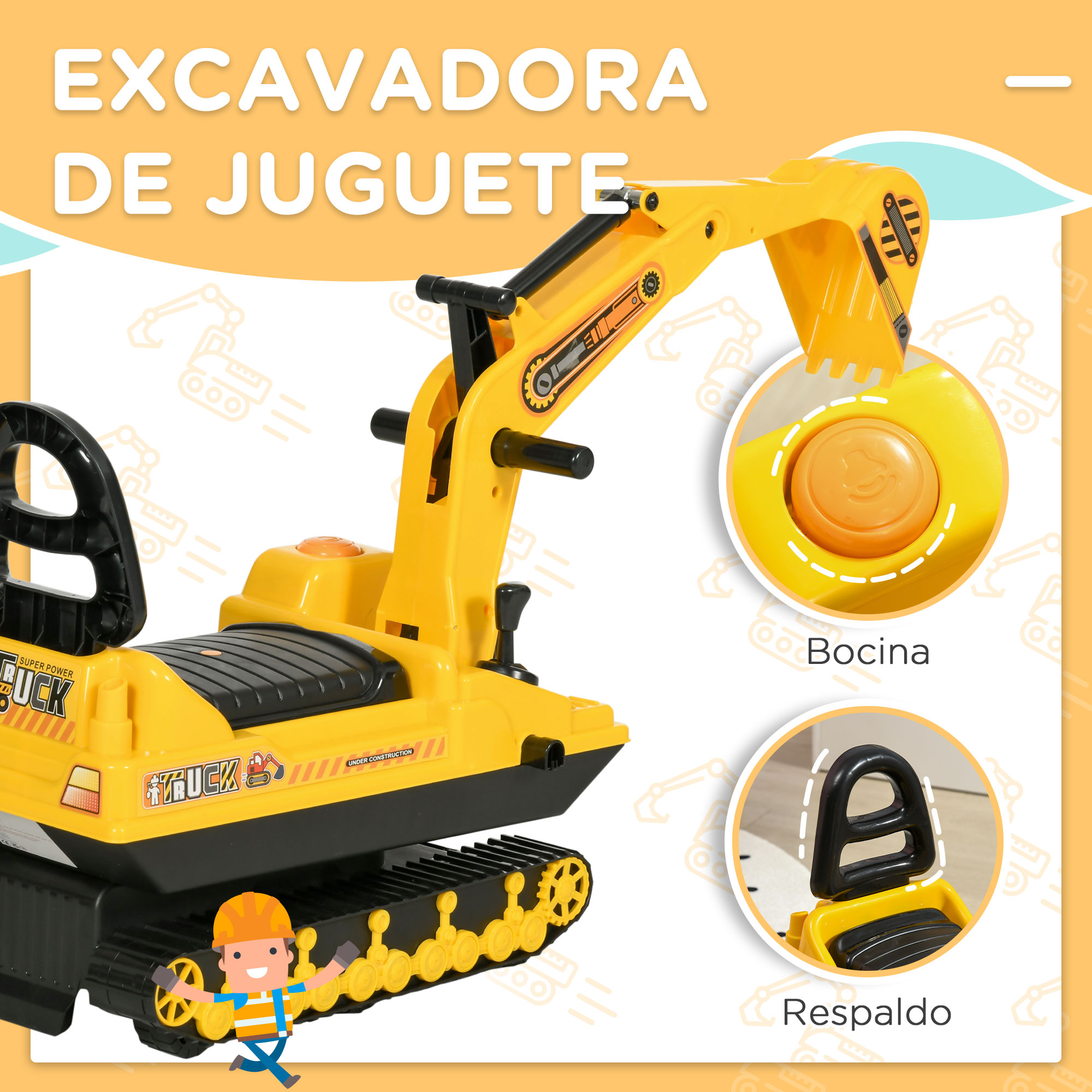 Excavadora de juguete amarilla con un trabajador de dibujos animados. Muestra detalles del claxon y respaldo.