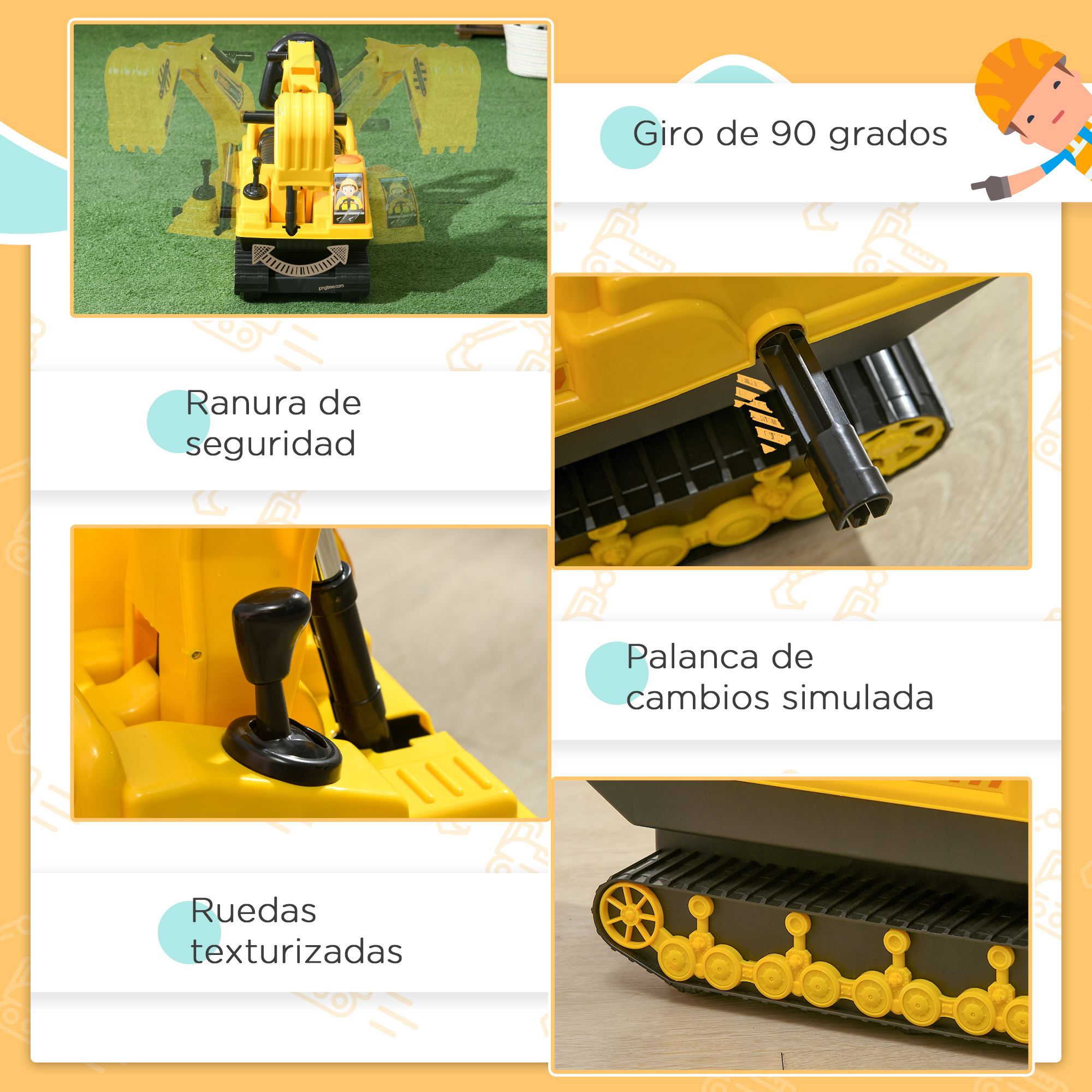 Primer plano de una excavadora de juguete amarilla con detalles y texto en español. Mostrando diferentes partes.