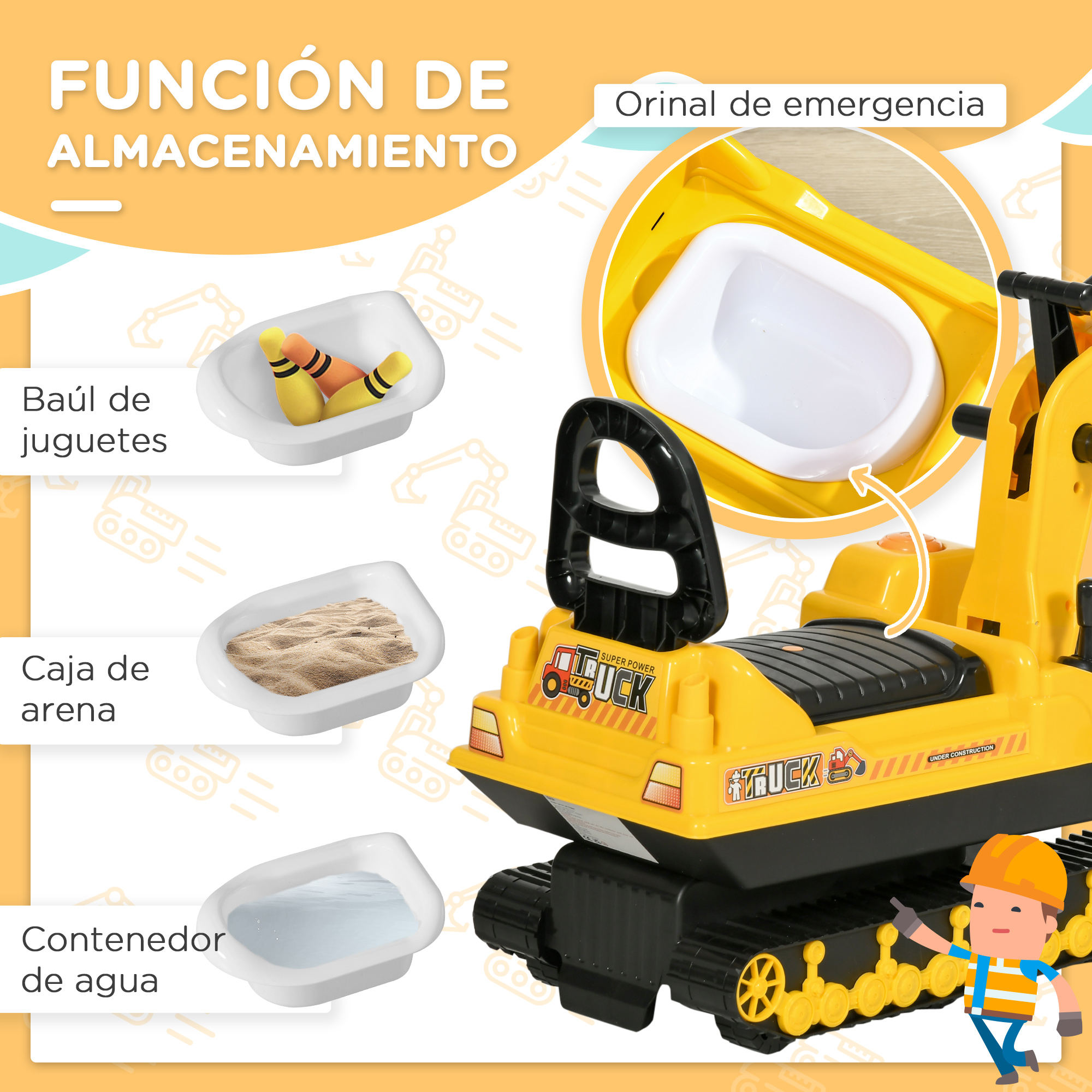 Camión de juguete amarillo con funciones de almacenamiento. Incluye caja de juguetes, arenero y contenedor de agua.
